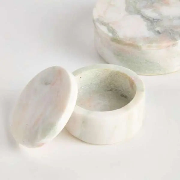 Johanna Marble Round Lidded Boxes - Set of 2 Green & Pink Veined Marble Boxes - Villa Decor & Design