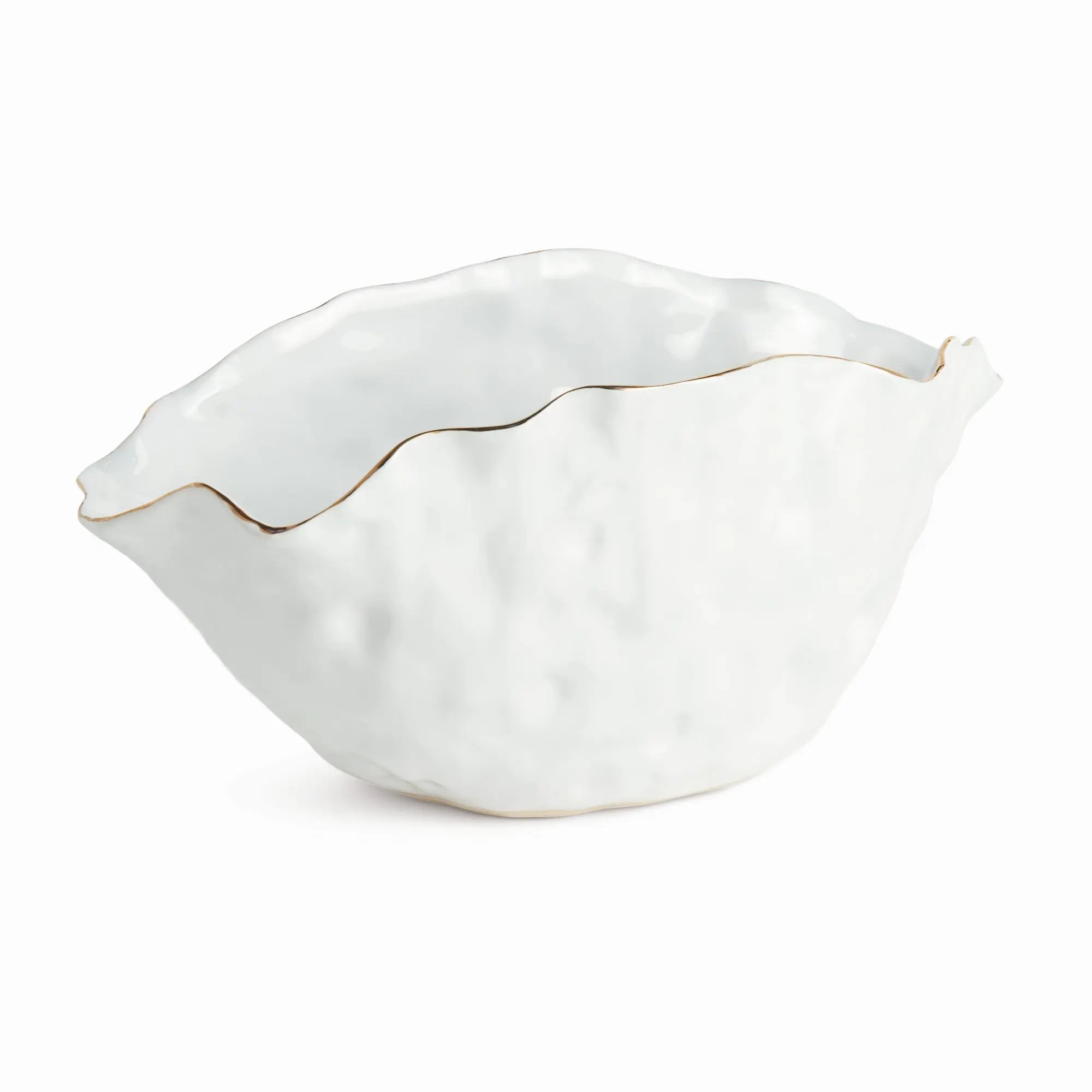 Mackenna Wide Vase - Crimped White & Gold Ceramic Centerpiece - Villa Decor & Design