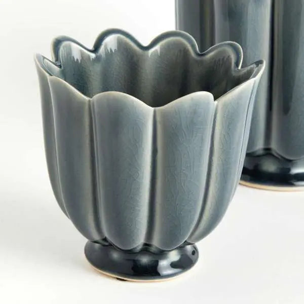 Freya Pots - Set of 2 Scalloped Reactive Glaze Planters (Green or Teal) - Villa Decor & Design