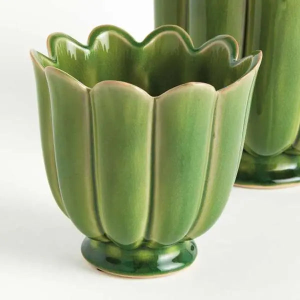 Freya Pots - Set of 2 Scalloped Reactive Glaze Planters (Green or Teal) - Villa Decor & Design