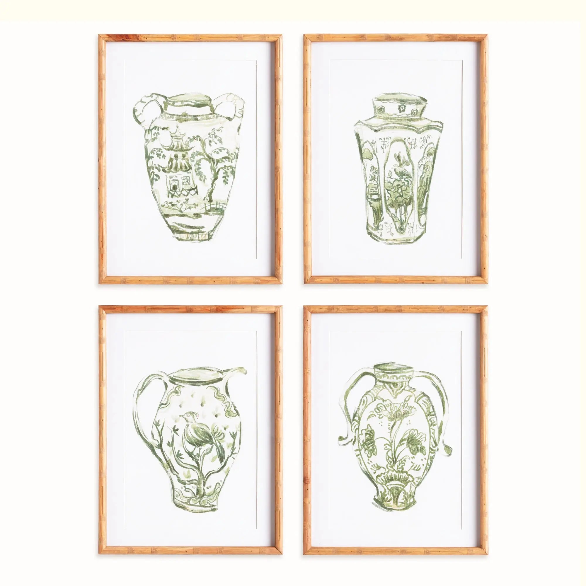 A set of four matted wall art prints featuring traditional chinoiserie jars in a monochromatic green color, encased in light-toned natural Chinese fir wood frames with glass.