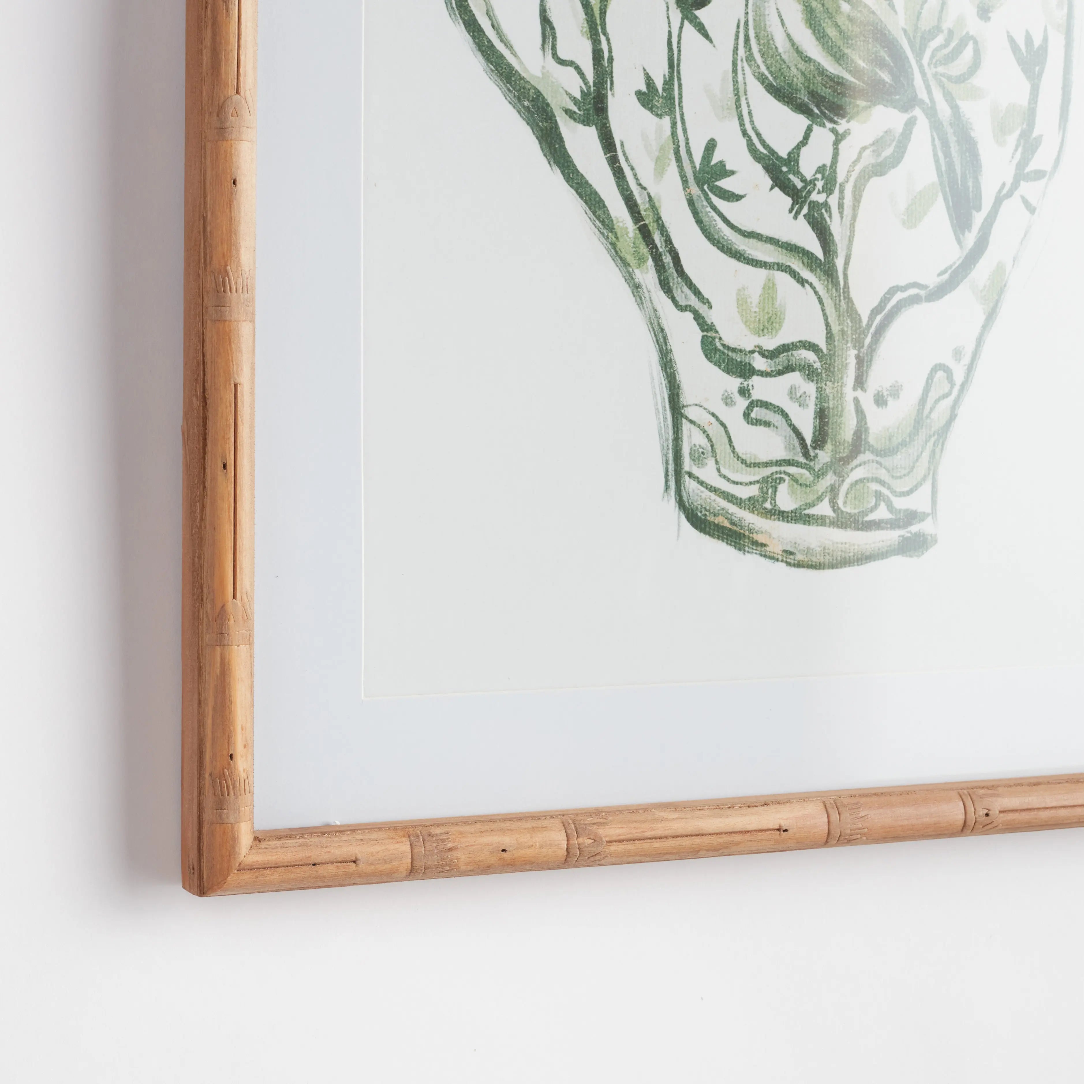 A set of four matted wall art prints featuring traditional chinoiserie jars in a monochromatic green color, encased in light-toned natural Chinese fir wood frames with glass.