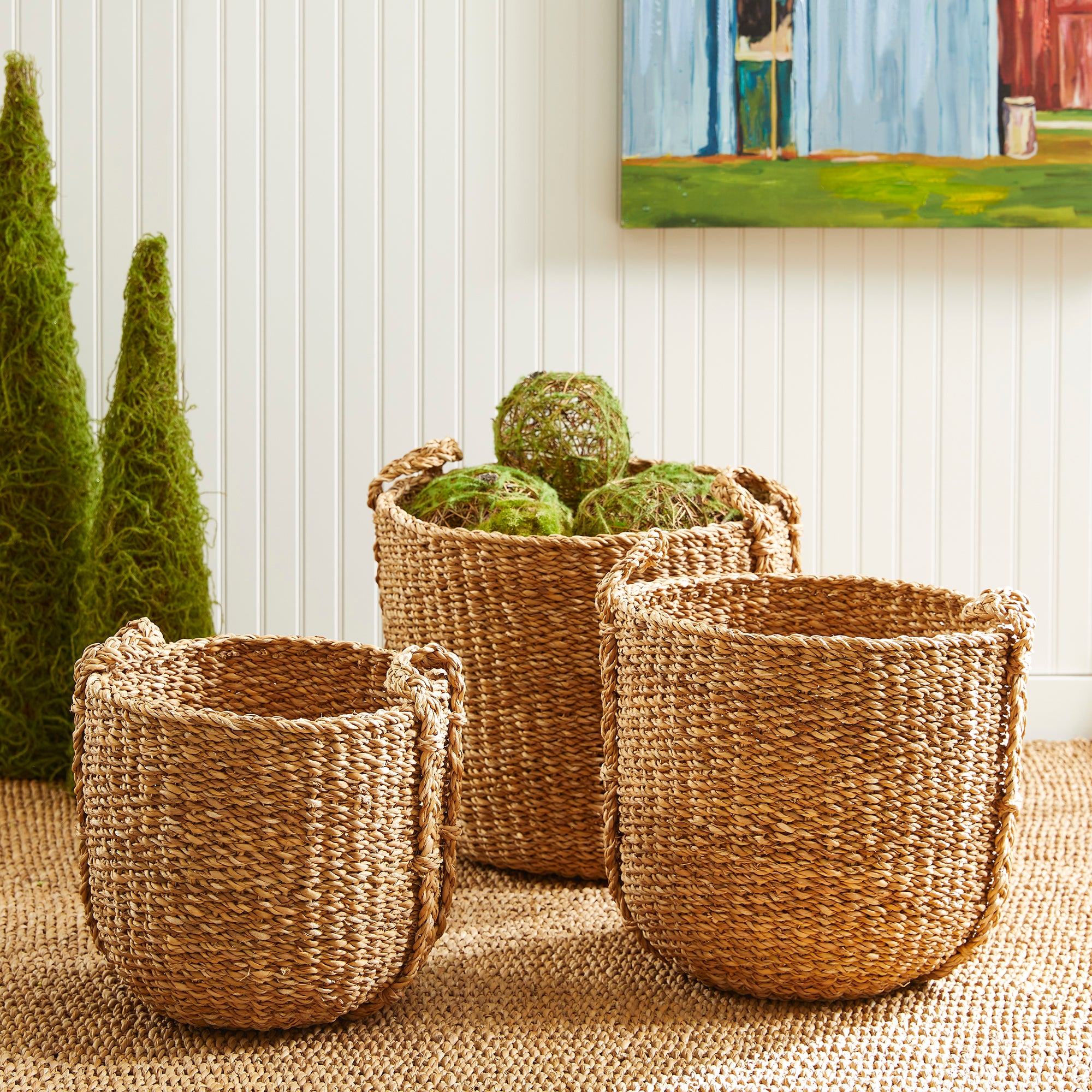 Three woven baskets with plants on a textured surface with a painting in the background