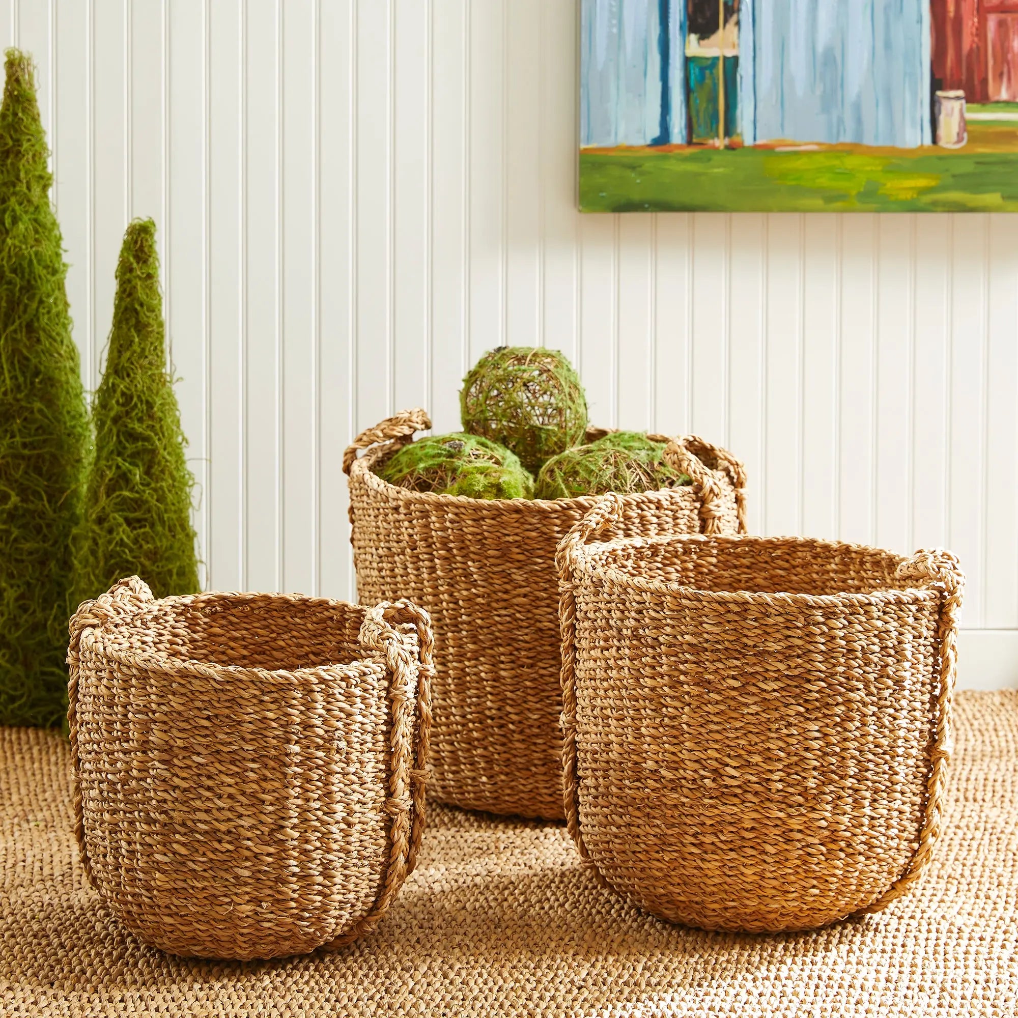 Three woven baskets with plants on a textured surface with a painting in the background
