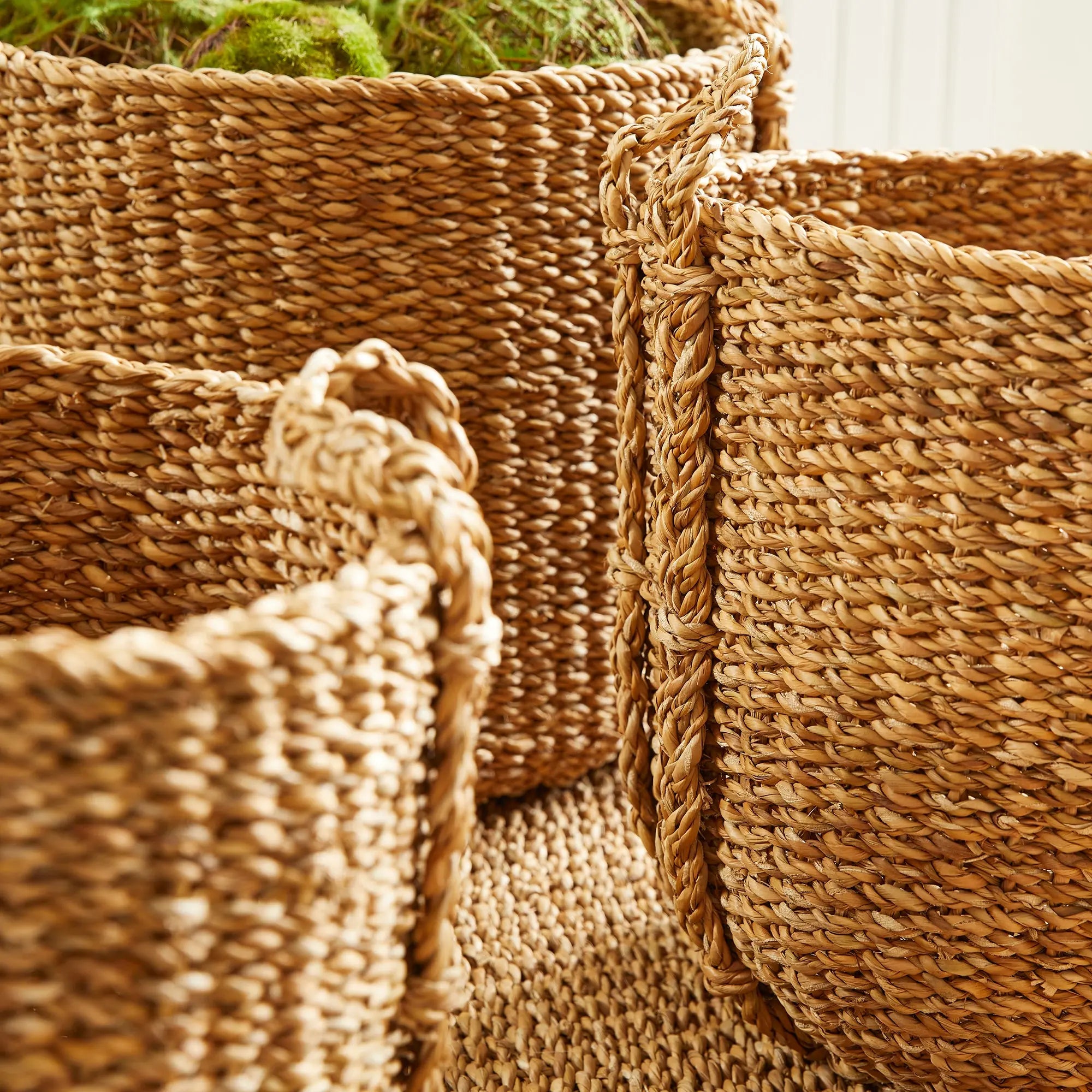 Close-up of woven baskets with a natural texture