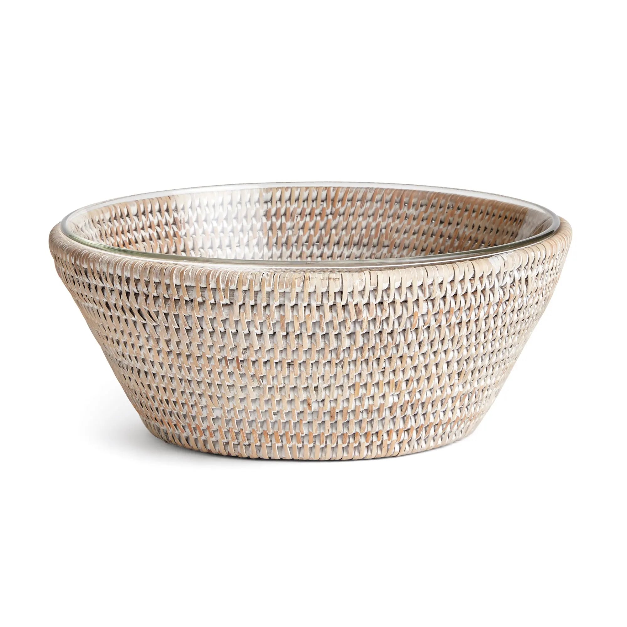 Burma Rattan Bowl with glass insert – whitewash finish