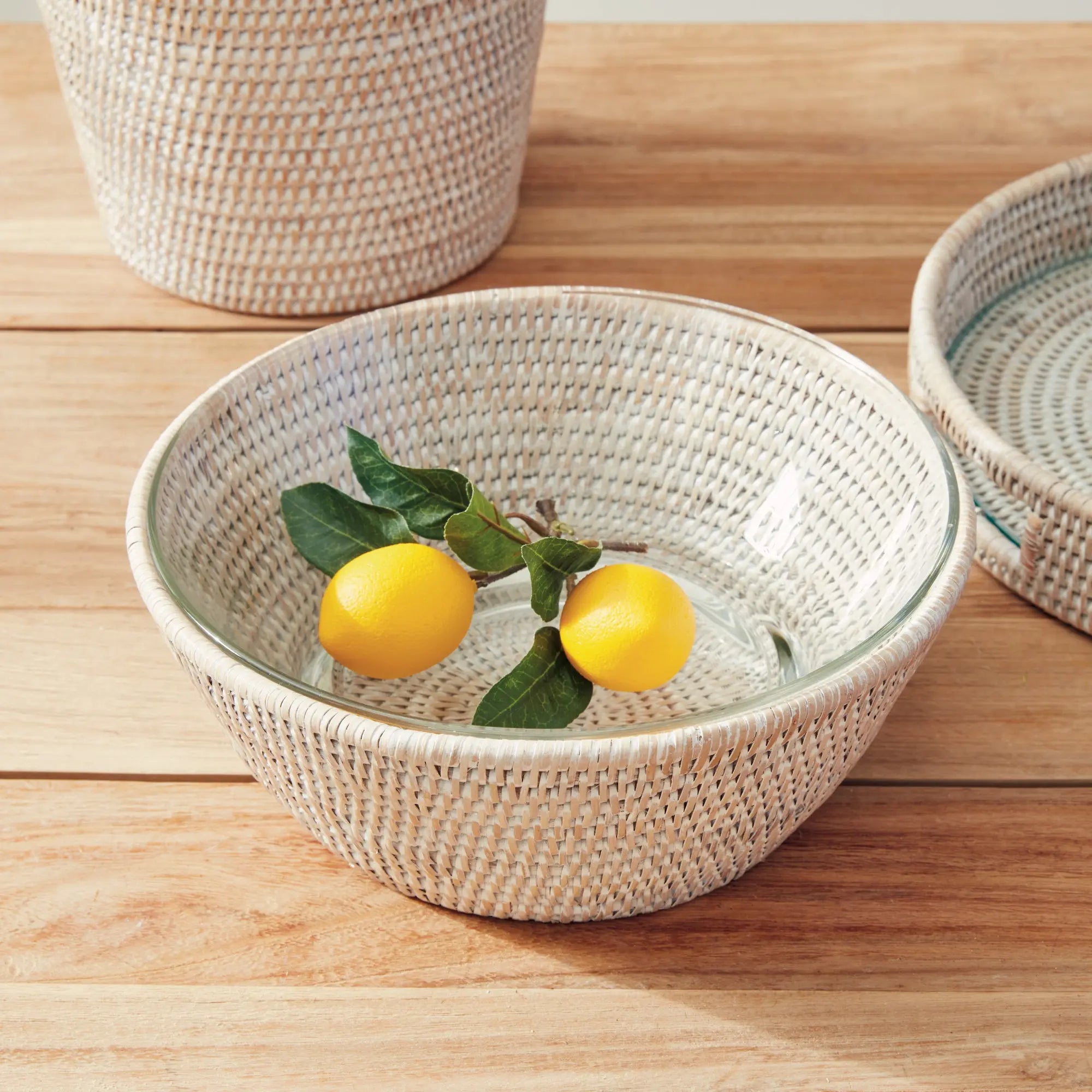 Burma Rattan Bowl with glass insert – whitewash finish