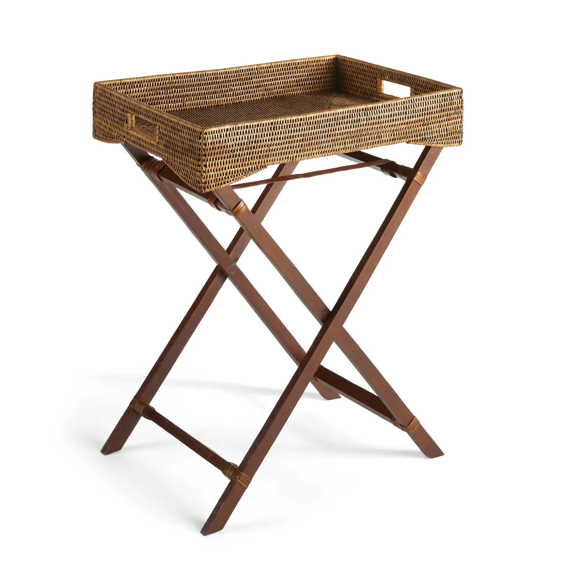 Burma Rattan Butler Tray Table – Foldable & Detachable Tray, Warm Brown Finish - Villa Decor & Design
