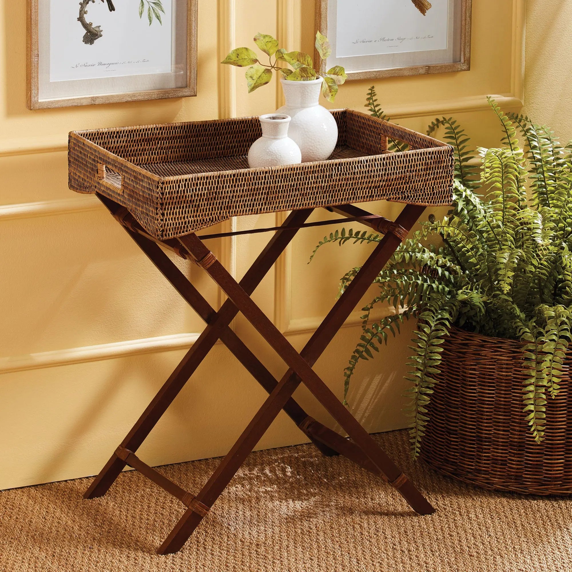 Burma Rattan Butler Tray Table – Foldable & Detachable Tray, Warm Brown Finish - Villa Decor & Design