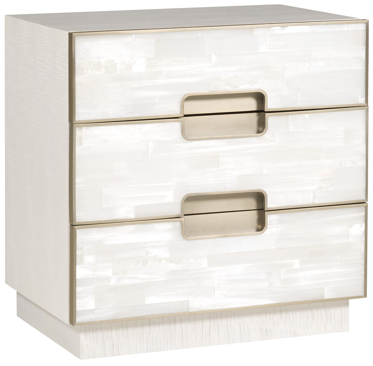 Luxurious 28-inch Splendor Nightstand with three natural white Selenite drawer fronts, a bleached figured maple wood frame in Sea Salt finish, and bronze metal accents.