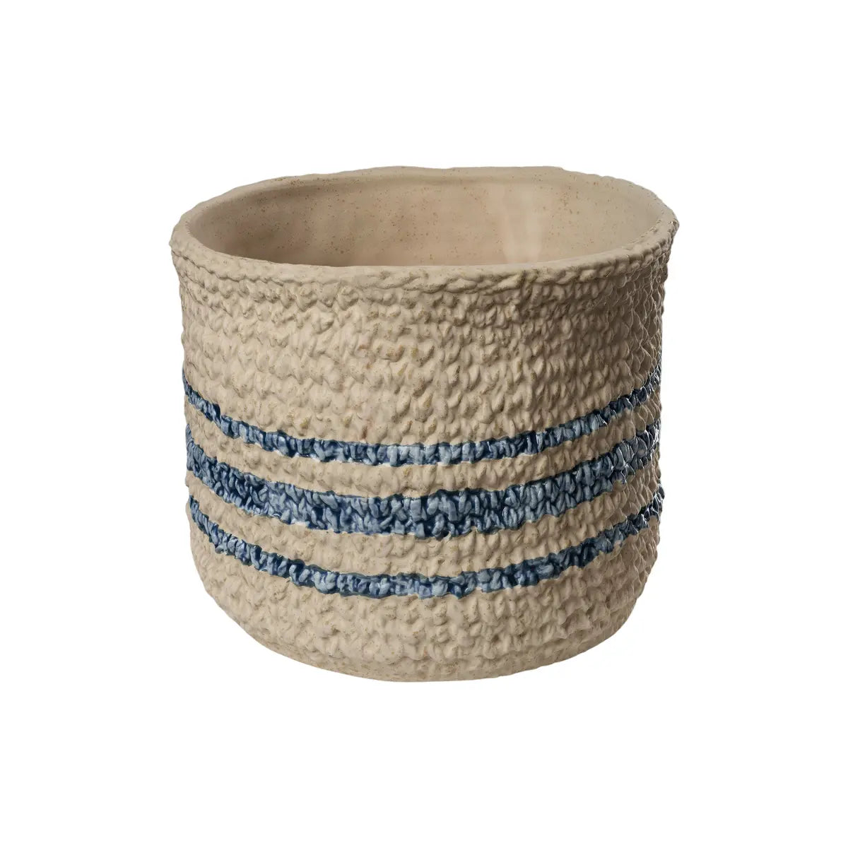 Woven basket with blue stripes on a white background