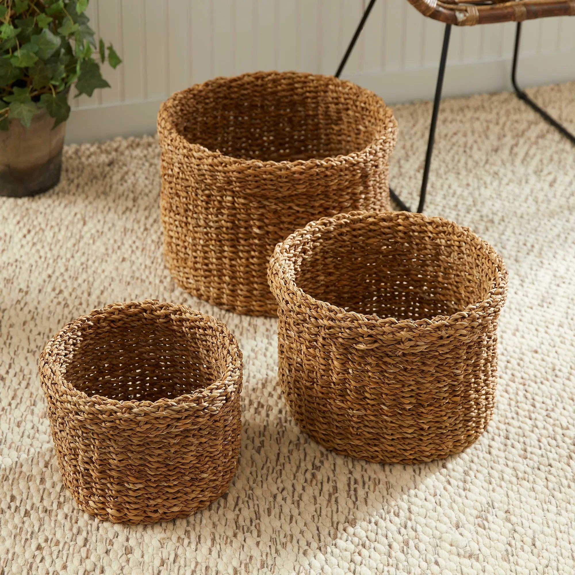 SEAGRASS ROUND BASKETS WITH CUFFS, SET OF 3 Villa Decor & Design