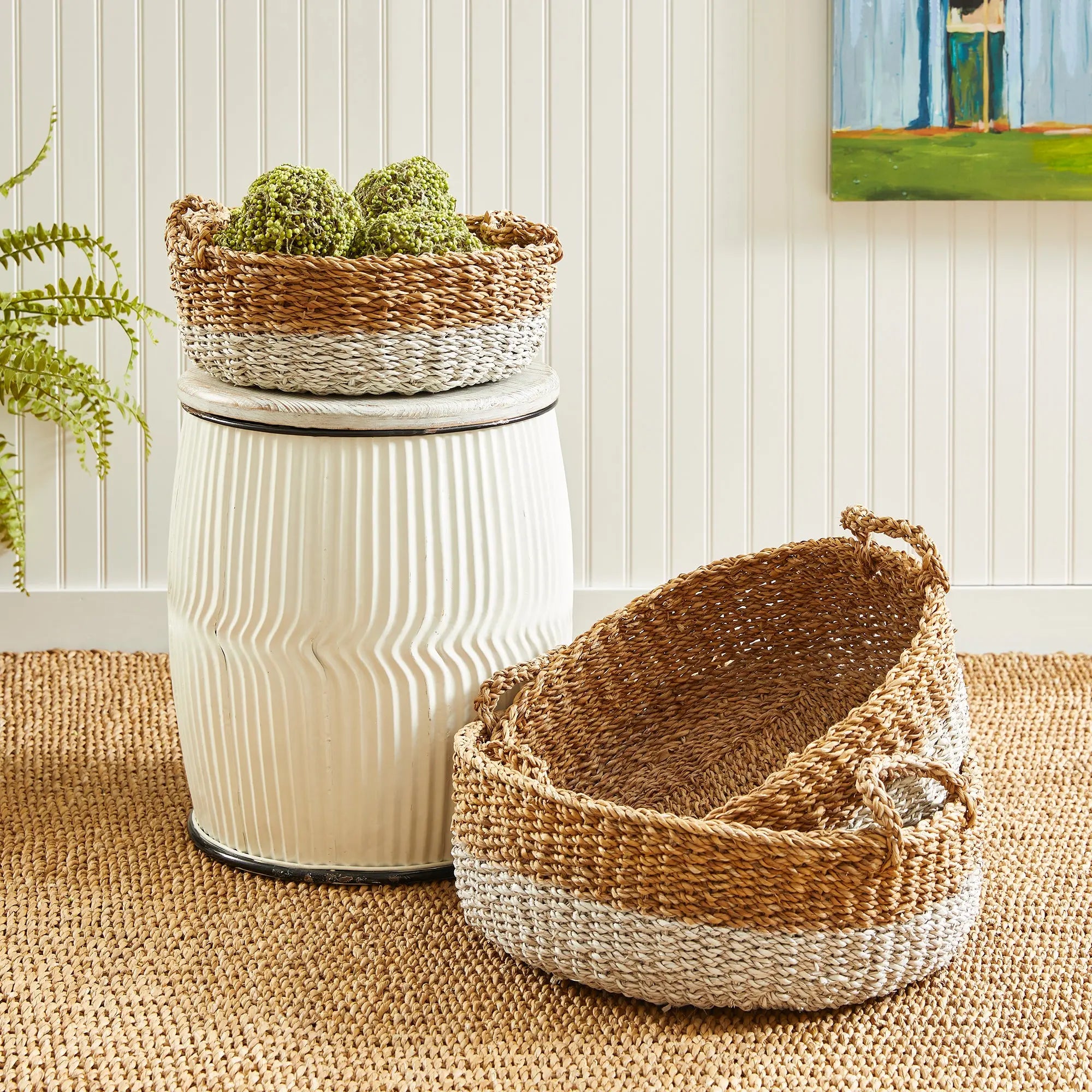 SEAGRASS SHALLOW BASKETS WITH HANDLES, SET OF 3 Villa Decor & Design
