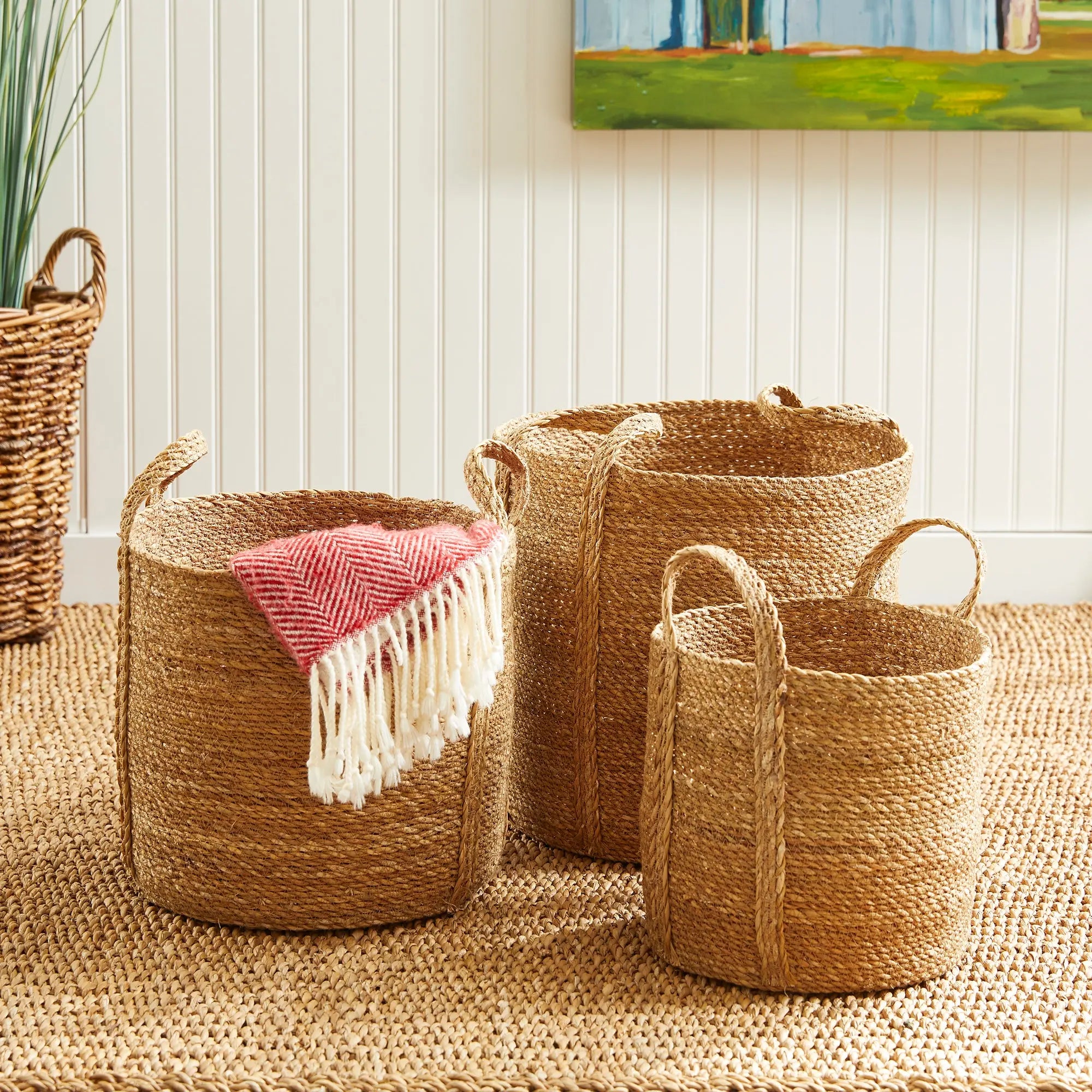 Seagrass Round Baskets with Long Handles, SET OF 3