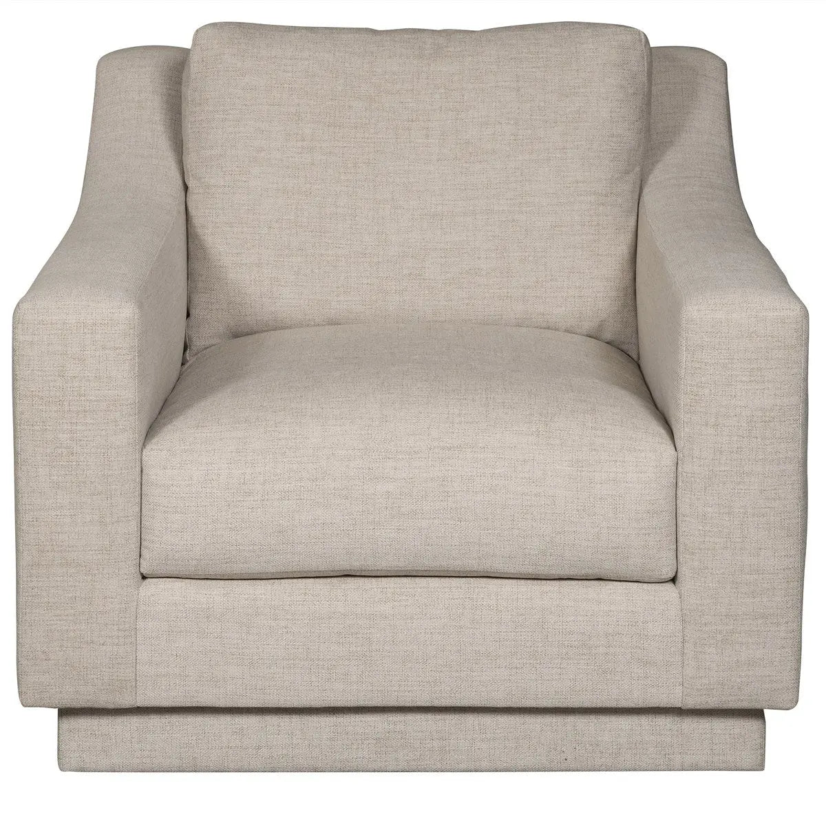 A deep-seated, comfortable Asher Swivel Chair upholstered in a light gray Thriller Linen performance fabric with a 360-degree swivel base.