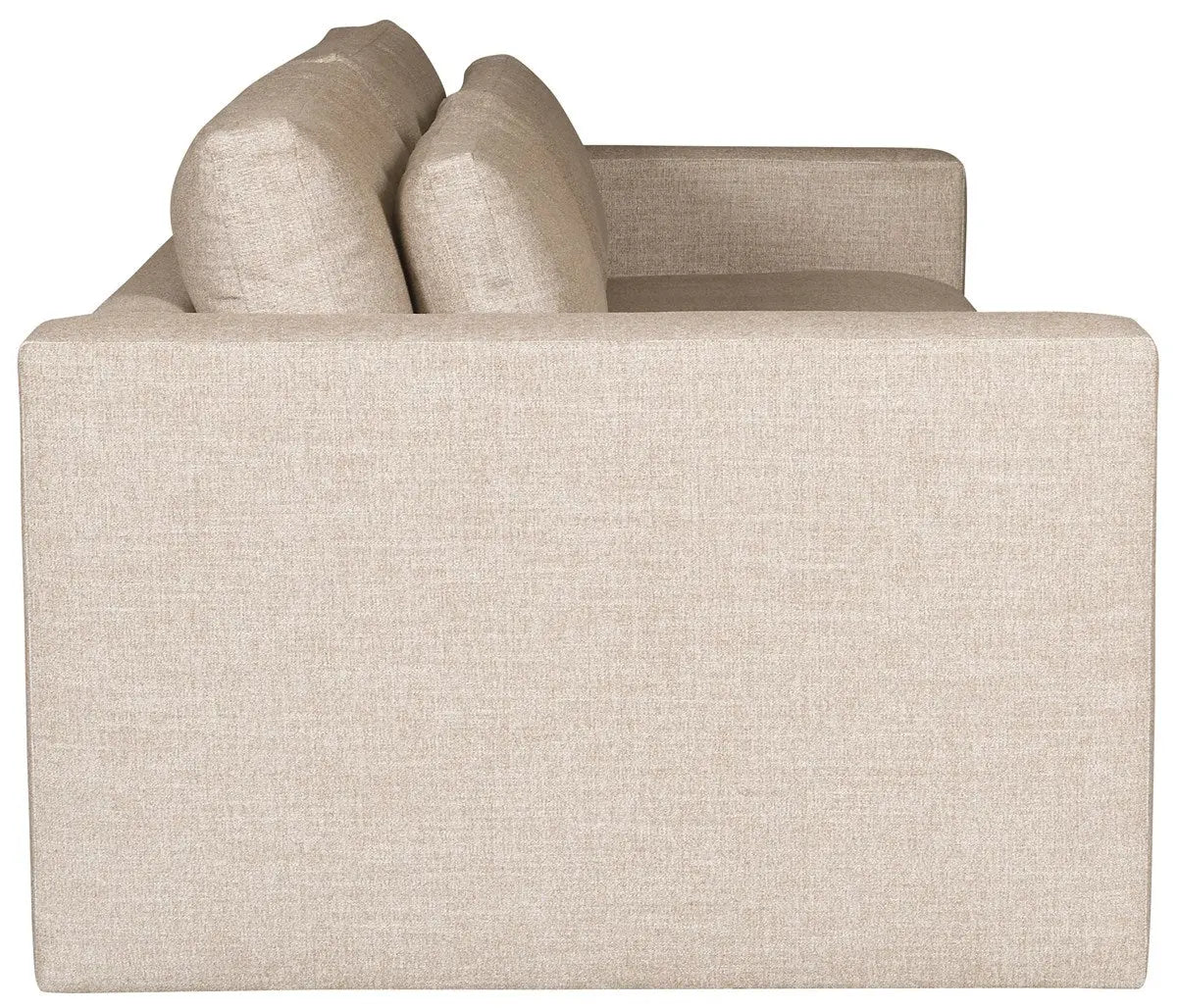 A modern 95-inch Brady Sofa with a unique suspended floating base and track arms, upholstered in textured light gray Jumpy Burlap performance fabric.