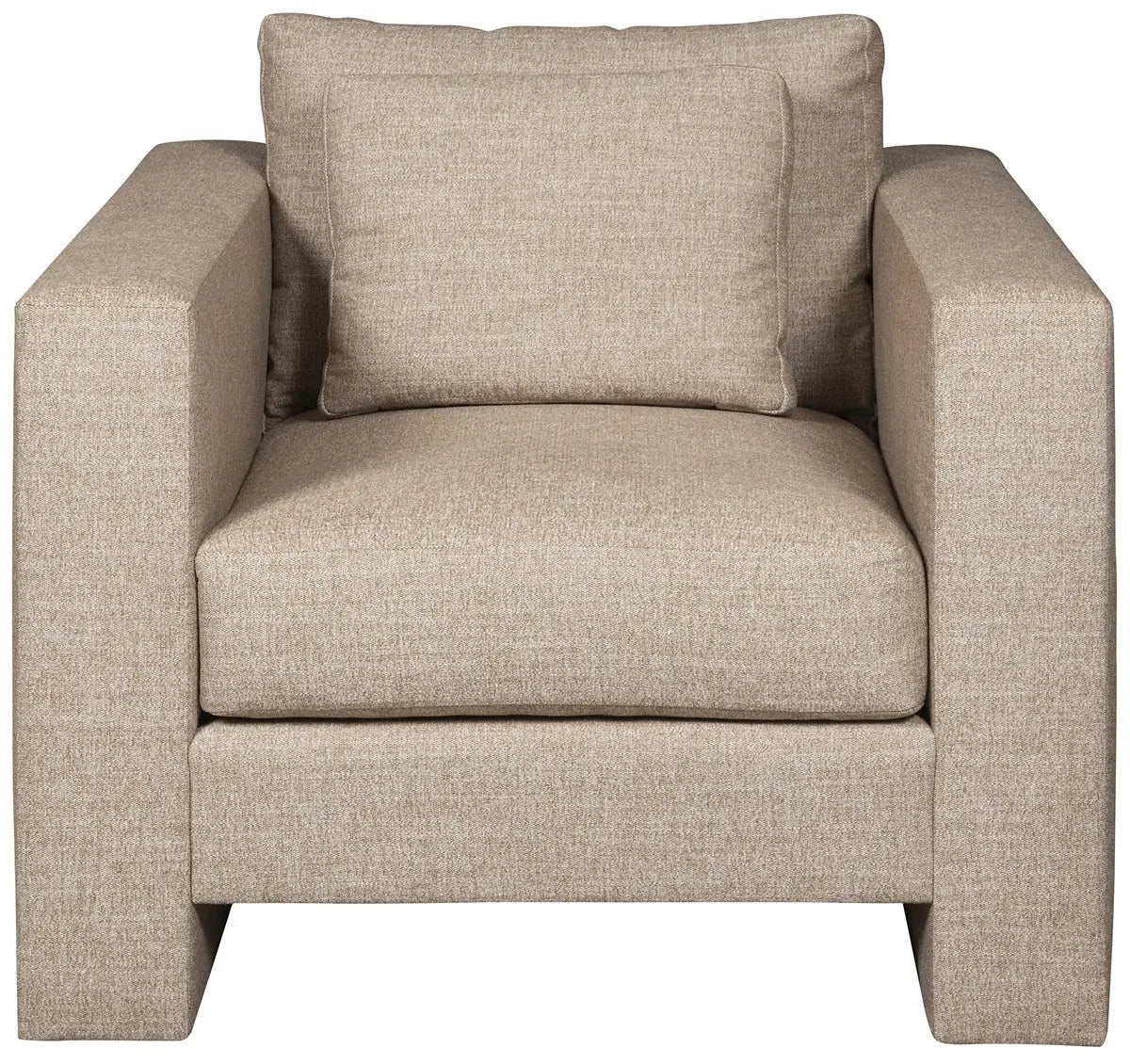 A wide, comfortable Brady accent chair by Vanguard Furniture upholstered in a textured, light-colored Jumpy Burlap performance fabric.