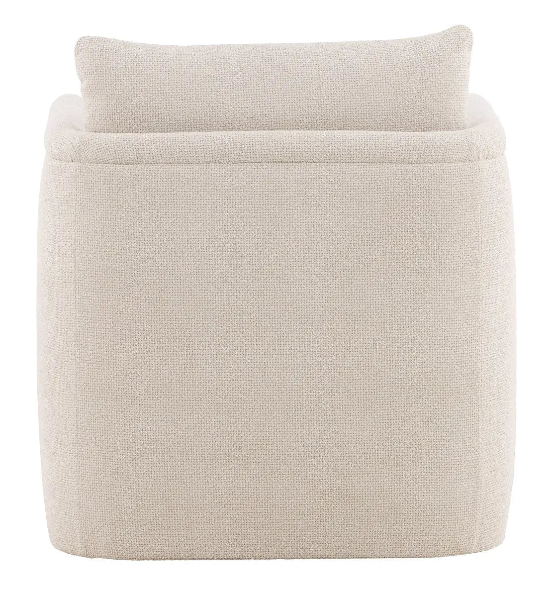 Liam Swivel Chair, a compact, tailored accent chair with a swivel base, upholstered in light Kendra Sand performance fabric.