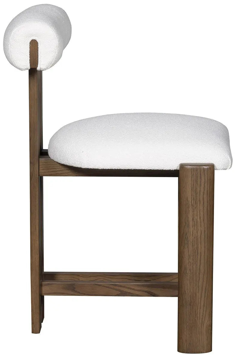 Wright Dining Counter Stool upholstered in Jackpot Chalk fabric with Saddle finish and antique brass kickplate