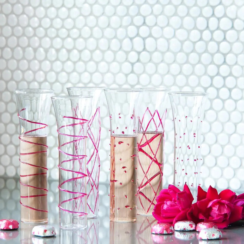 Razzle Dazzle stemless champagne flutes set of 6 with unique raised glass designs - elegant wedding gift and party glassware