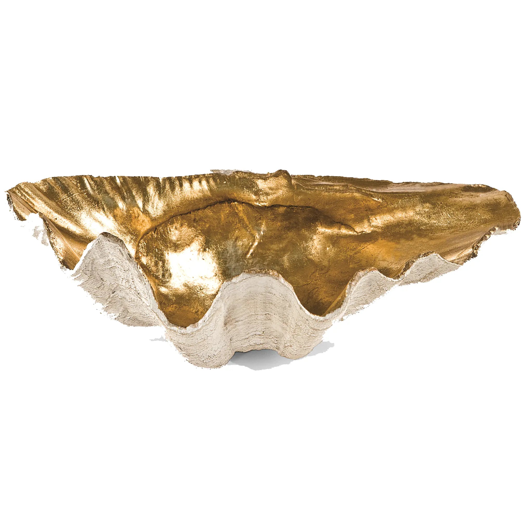 Regina Andrew Golden Clam Bowl, showing the large decorative shell dish with a natural exterior and a shining, hand-finished gold interior.