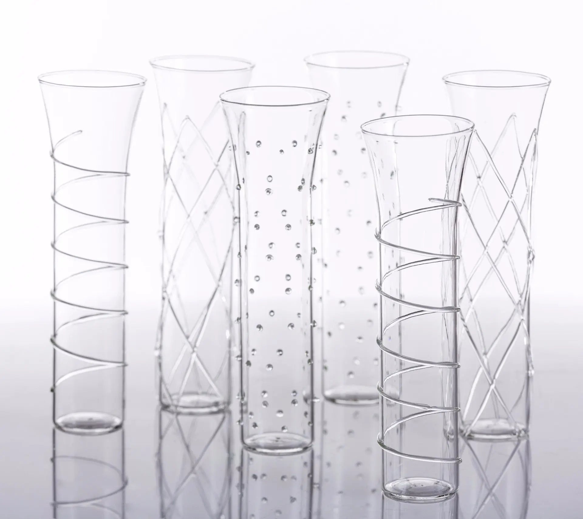 Razzle Dazzle stemless champagne flutes set of 6 with unique raised glass designs - elegant wedding gift and party glassware