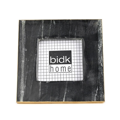 Black marble picture frame with brass trim holding 3.5x3.5 photo - luxury desk frame with easel stand for modern home décor