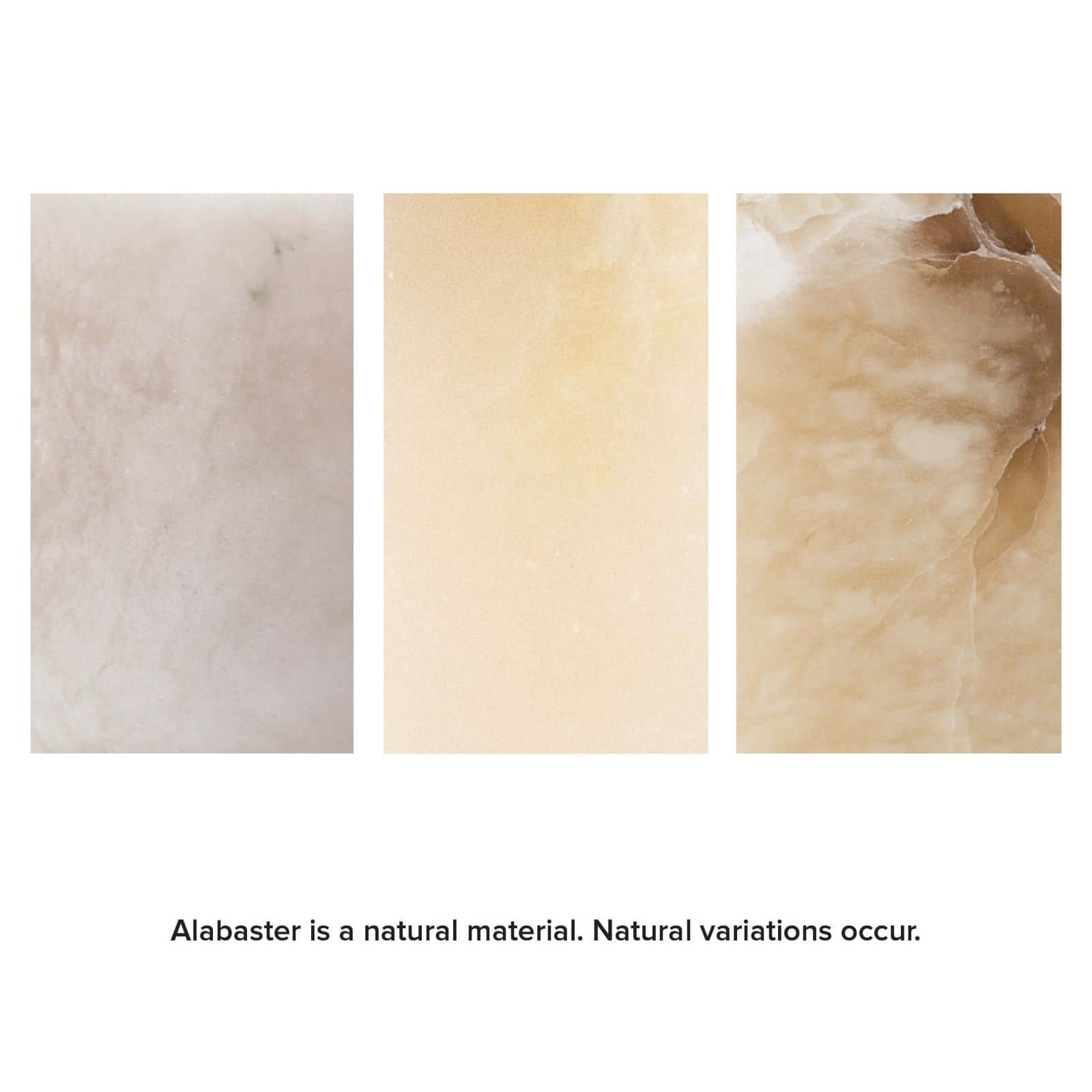 Three different textures of alabaster with a text overlay indicating natural variations. - Hazel Alabaster Uplight