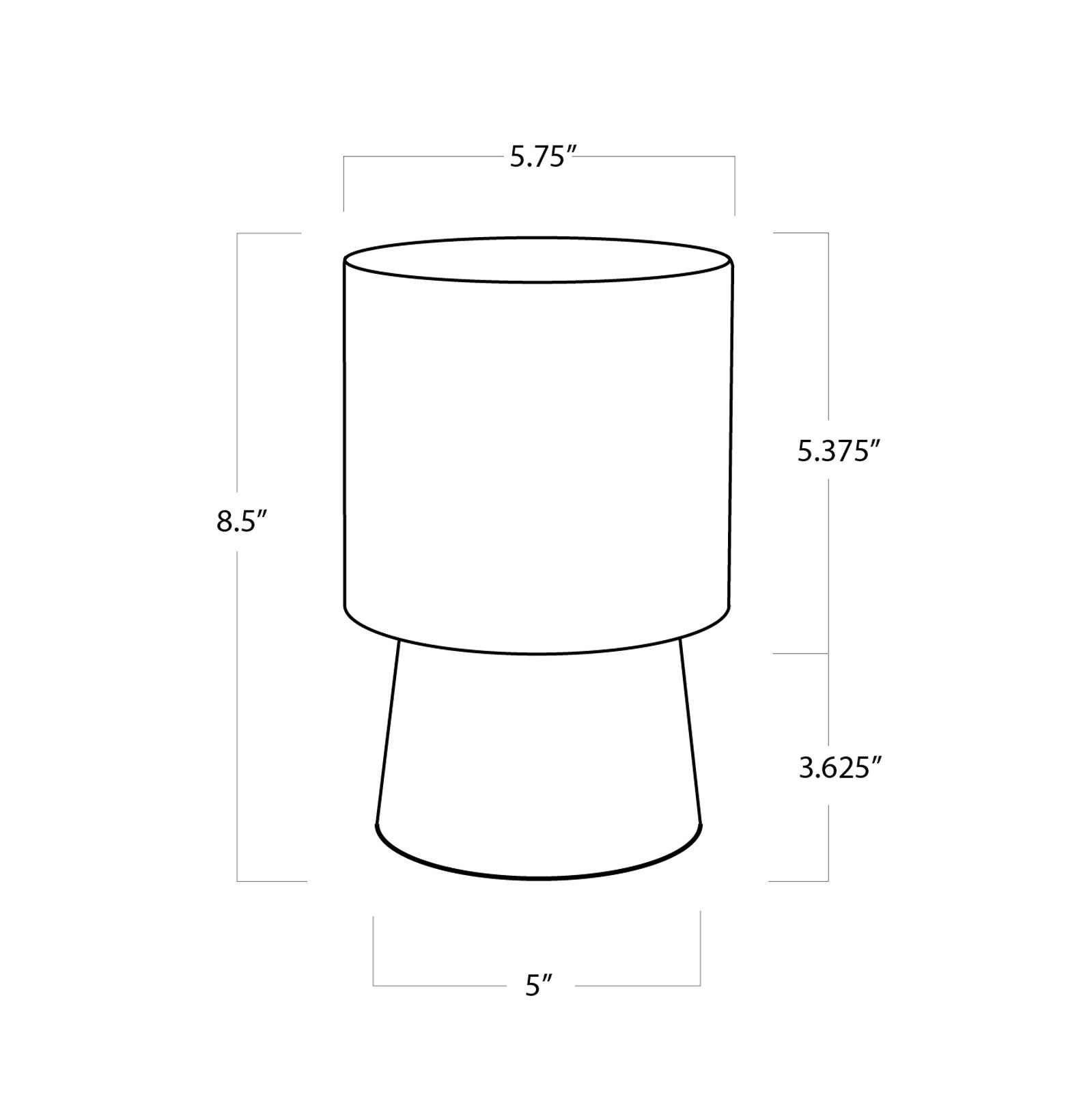 Line drawing of a cylindrical object with dimensions labeled - Hazel Alabaster Uplight
