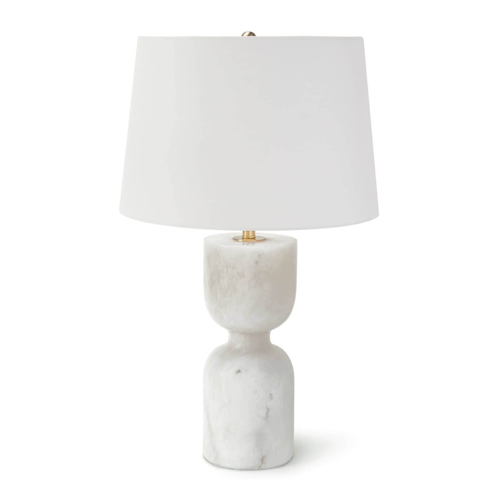 White marble table lamp with a white shade on a white background