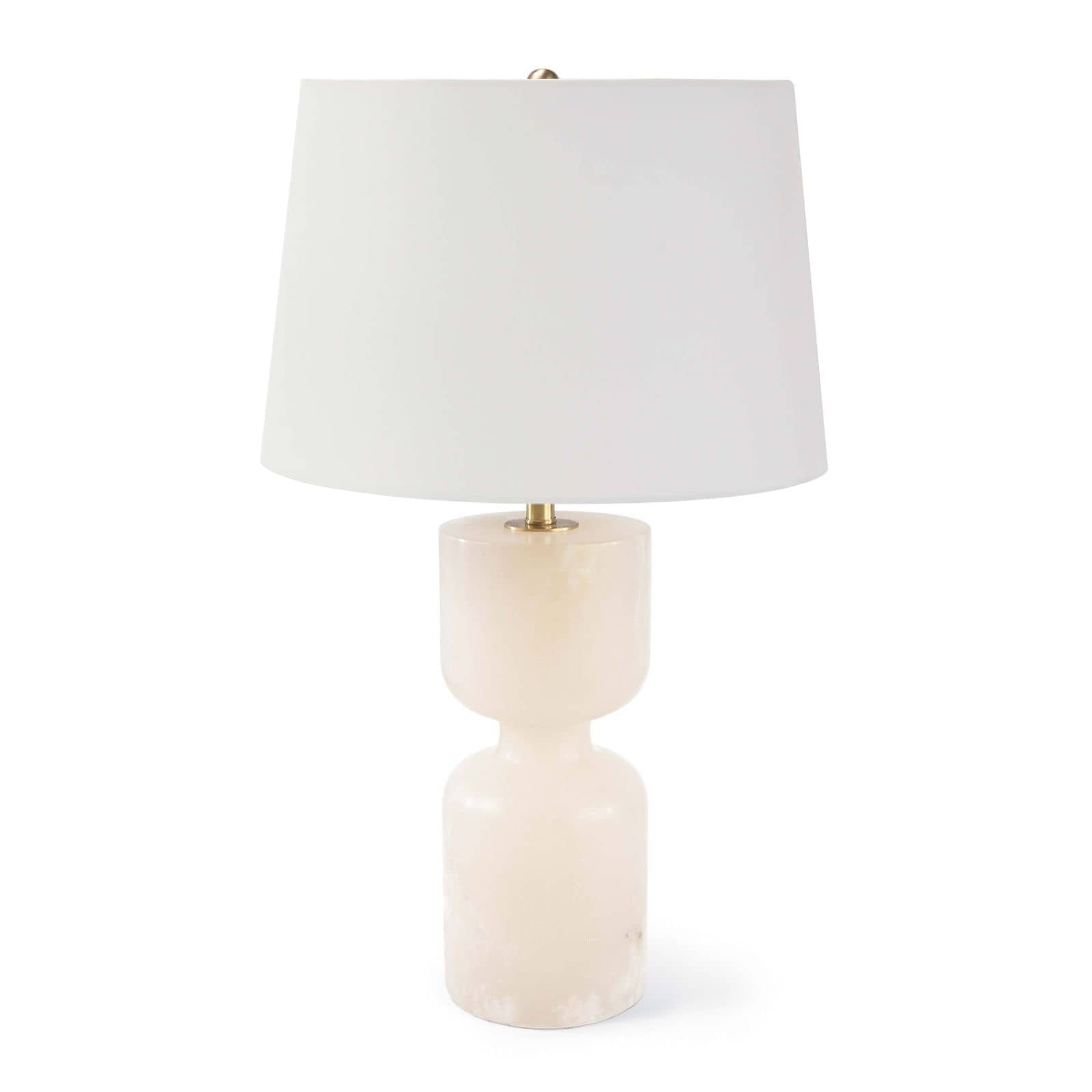 Table lamp with a white ceramic base and a white shade on a white background