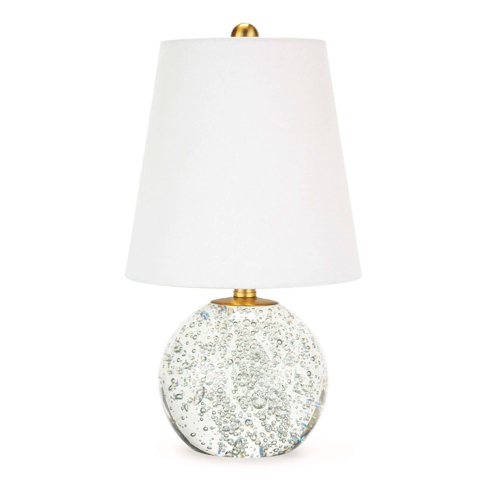 Bulle Crystal Mini Lamp (15" H) with a round clear crystal base containing internal bubbles, gilded neck, and a natural tapered linen shade.