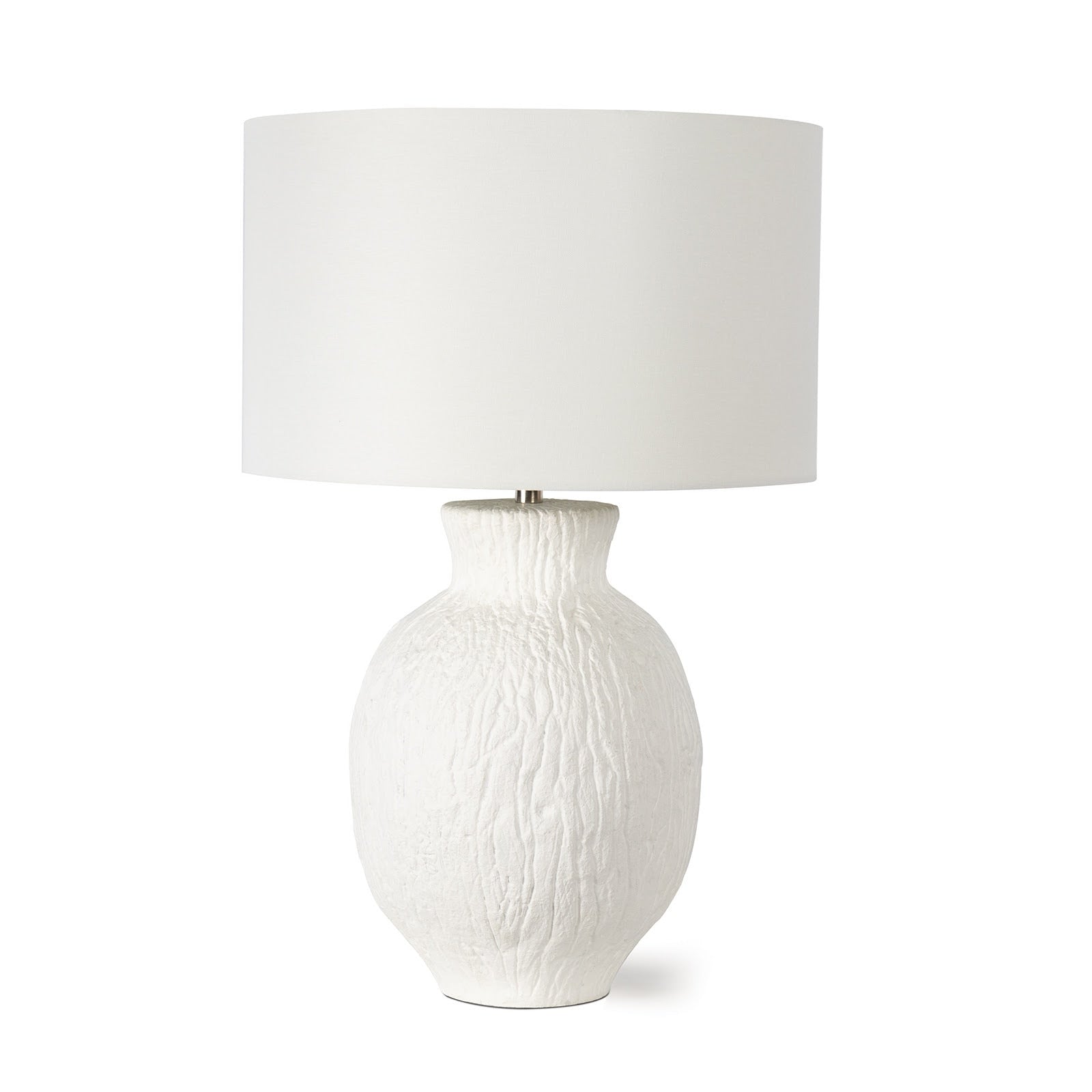 White textured table lamp with a white shade on a white background