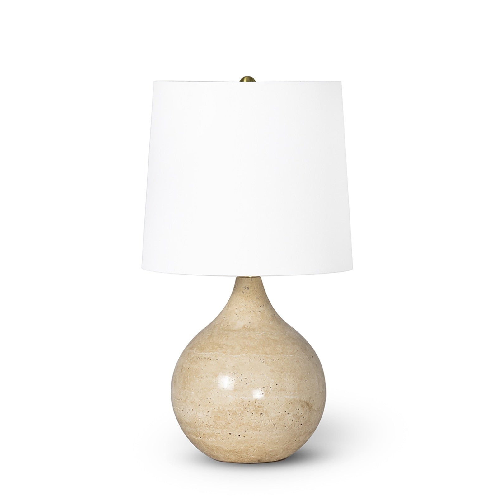 Noa Mini Table Lamp with a smooth, round natural travertine stone base and a simple fabric lamp shade.
