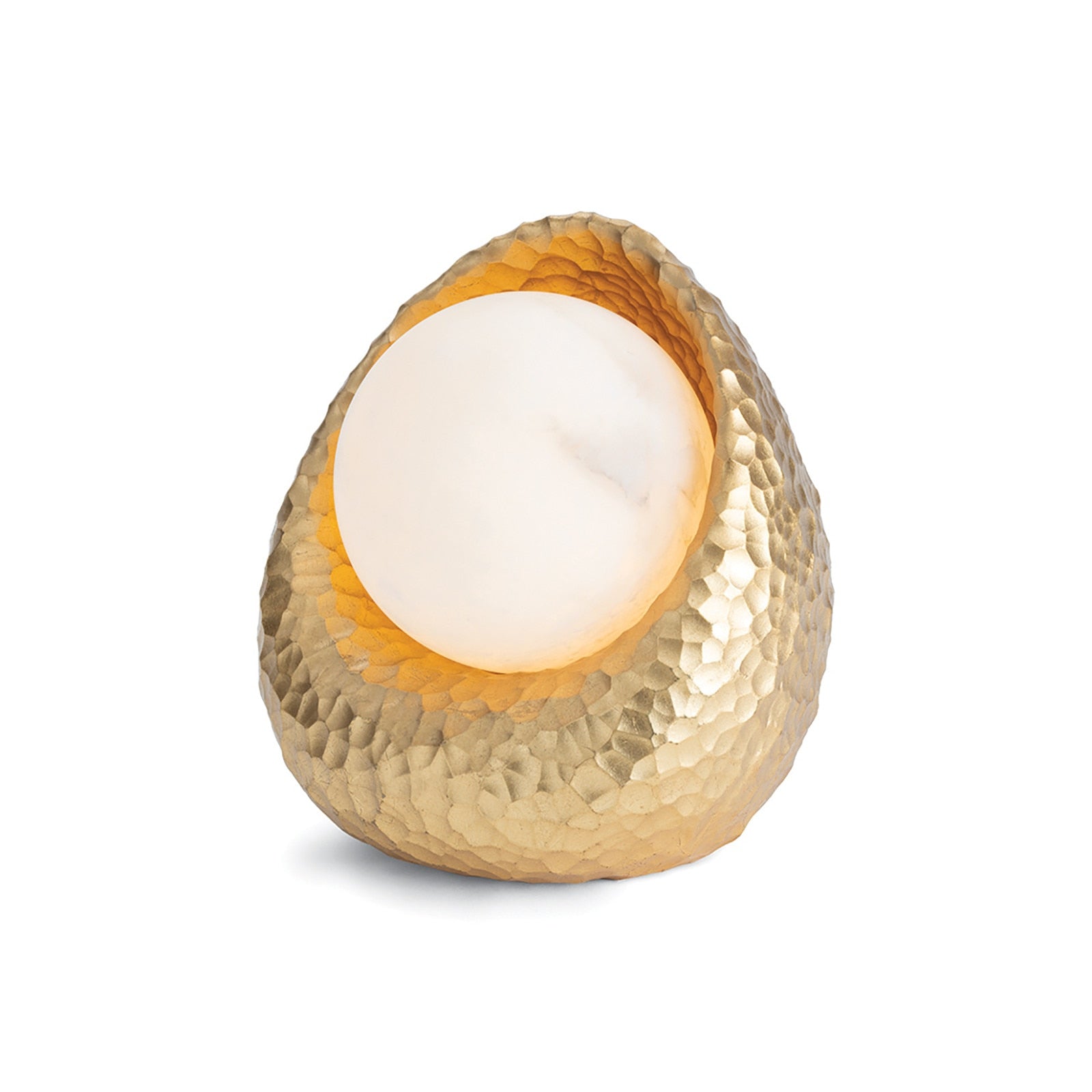 Nest Mini Lamp, a small decorative light fixture with an intricate gold resin hammered base and a round, soft glowing alabaster sphere.