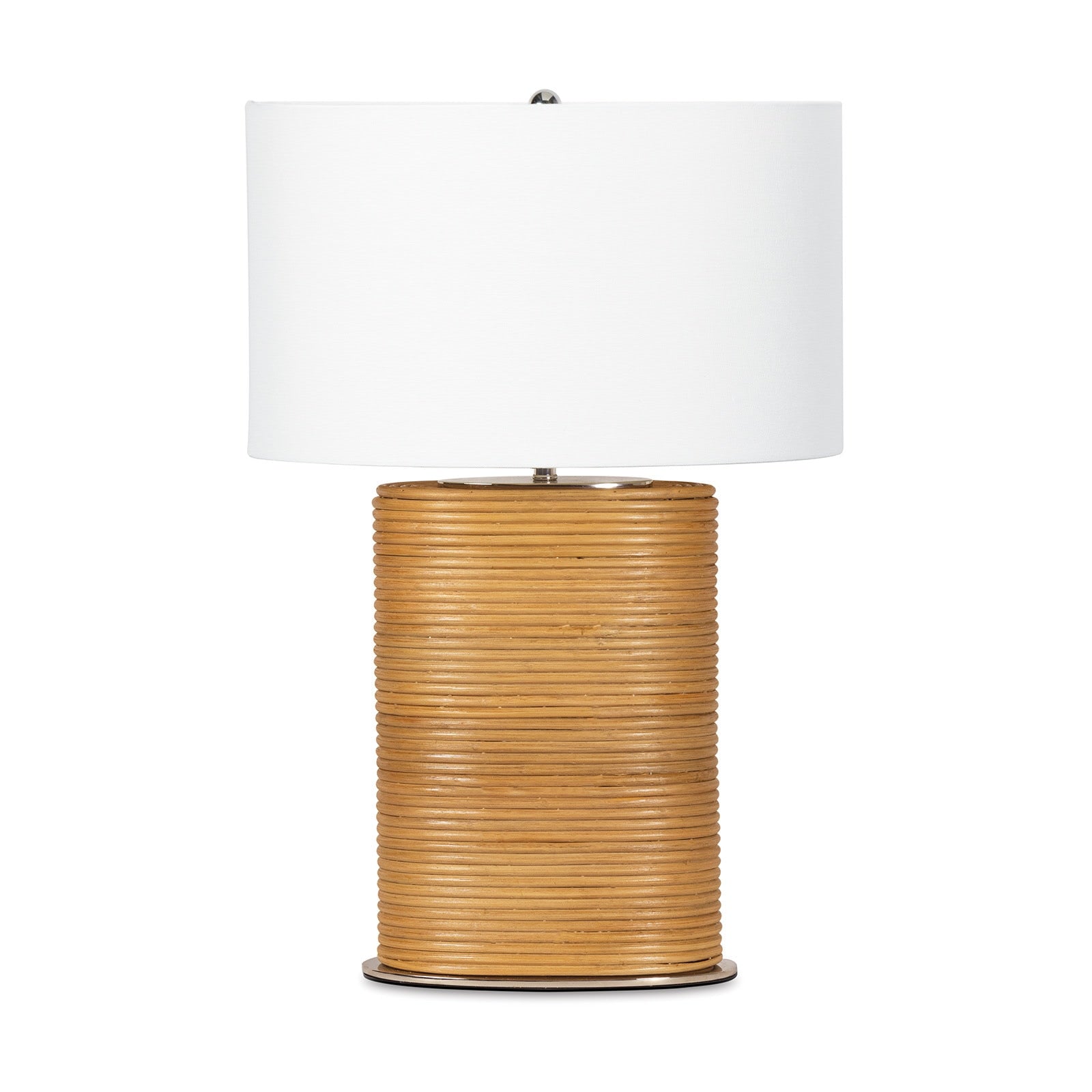 Table lamp with rattan base and white shade on a white background