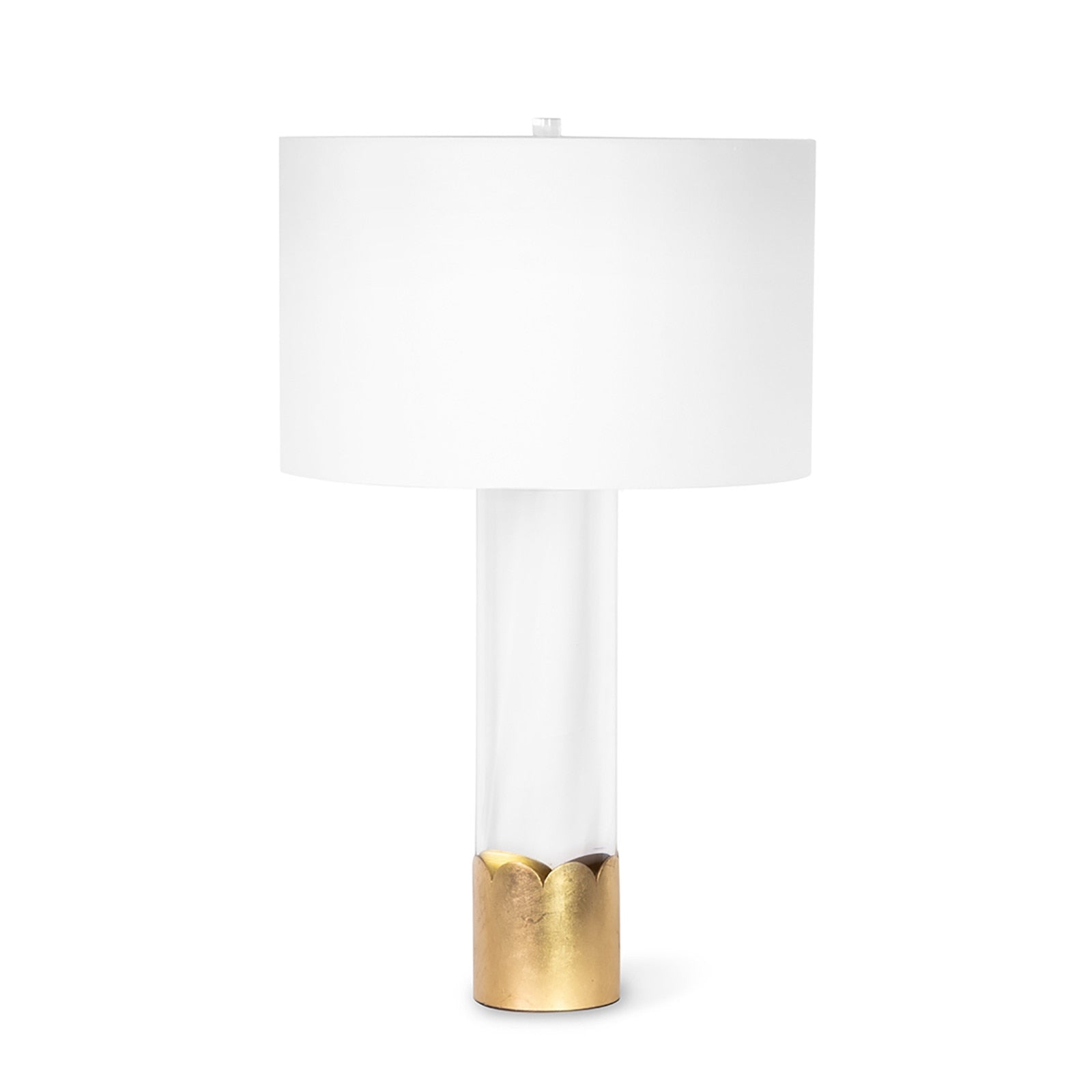 Table lamp with white shade and gold base on a white background
