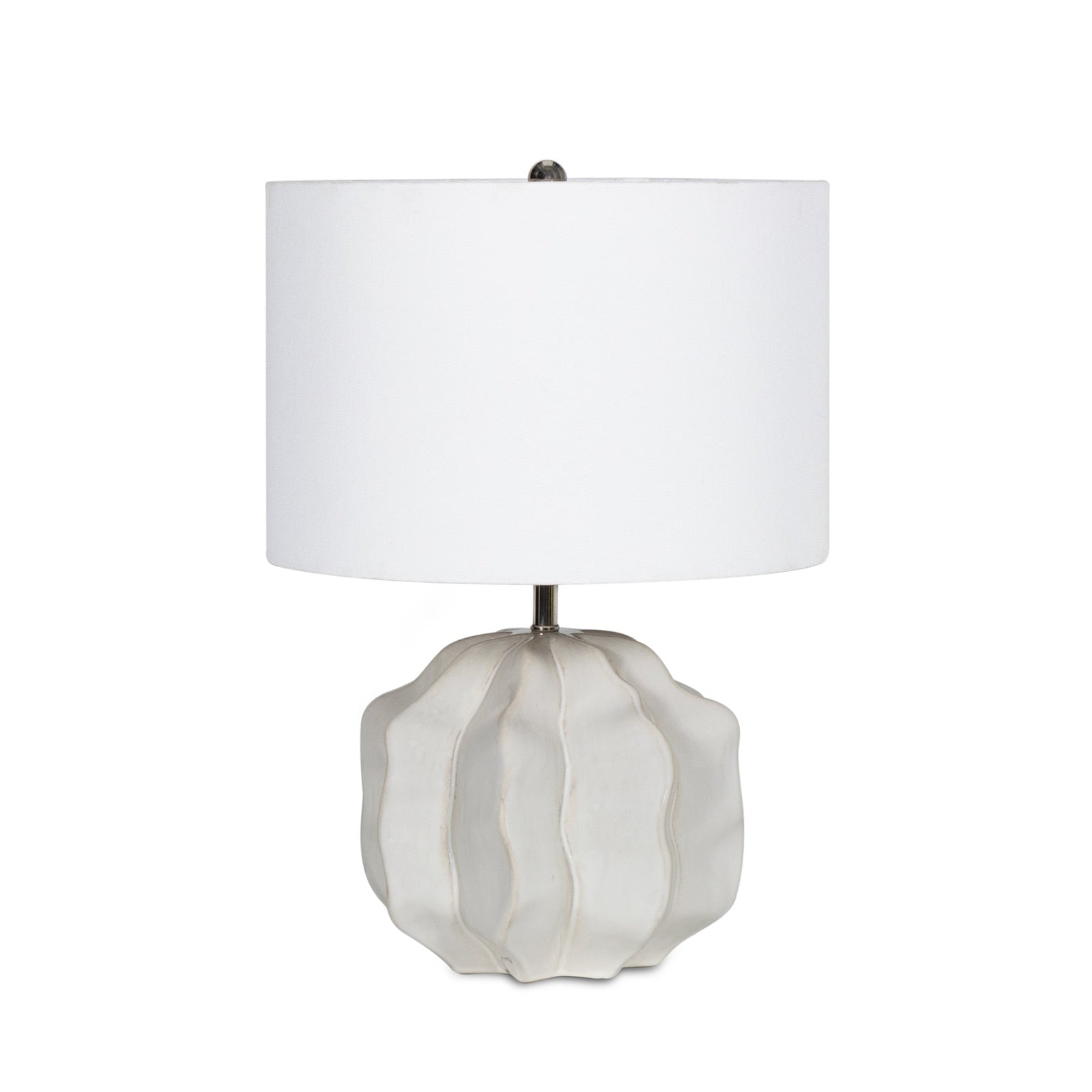 Destin Ceramic Mini Lamp (20.25" H) with an ivory ceramic base featuring a geometric wave pattern and a light natural linen shade.