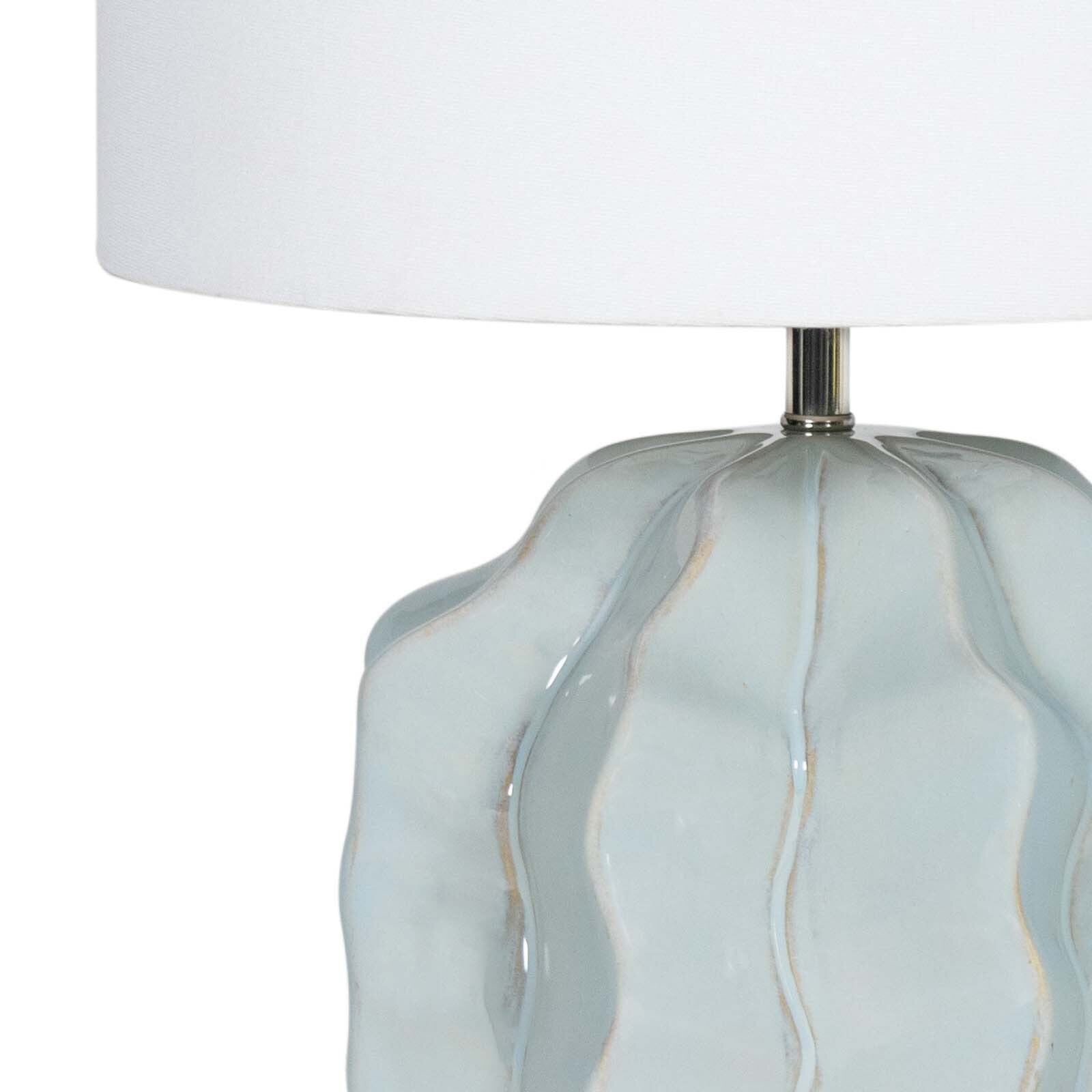 Destin Ceramic Mini Lamp (20.25" H) with a spa blue ceramic base featuring a geometric wave pattern and a light natural linen shade.