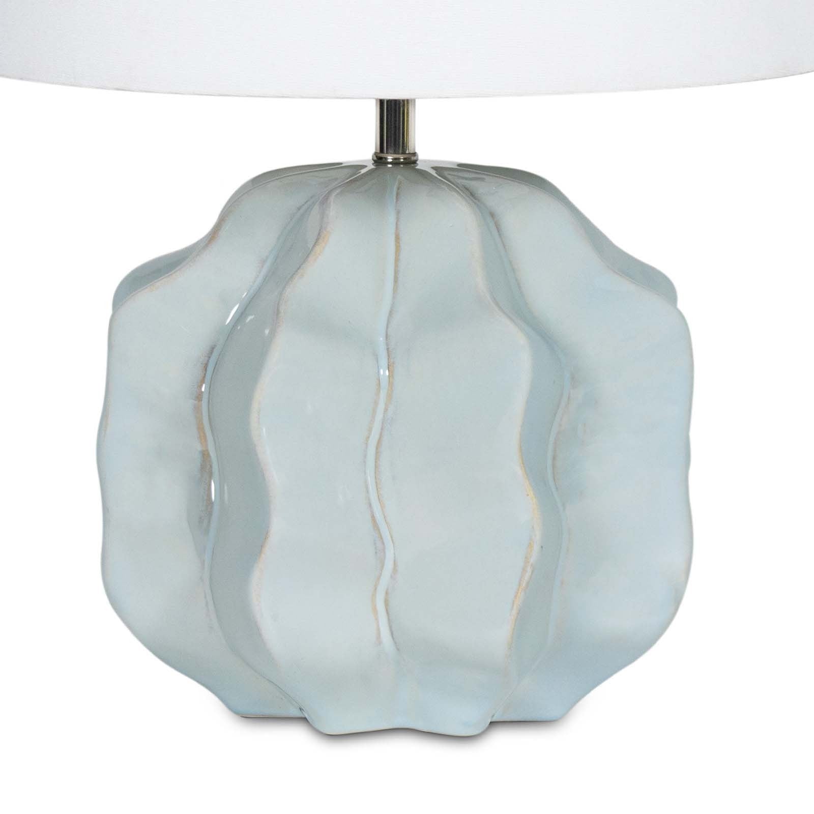 Destin Ceramic Mini Lamp (20.25" H) with a spa blue ceramic base featuring a geometric wave pattern and a light natural linen shade.