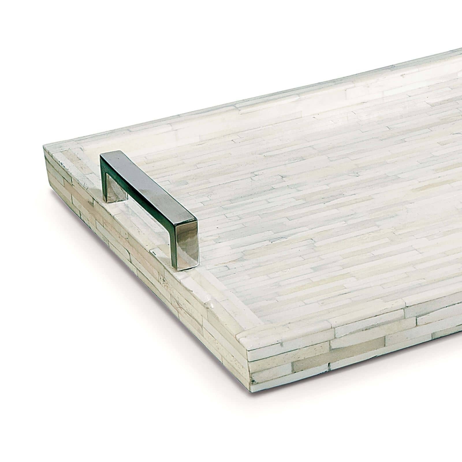 Large rectangular White Bone Inlay Decorative Tray with a mosaic pattern and polished nickel handles.