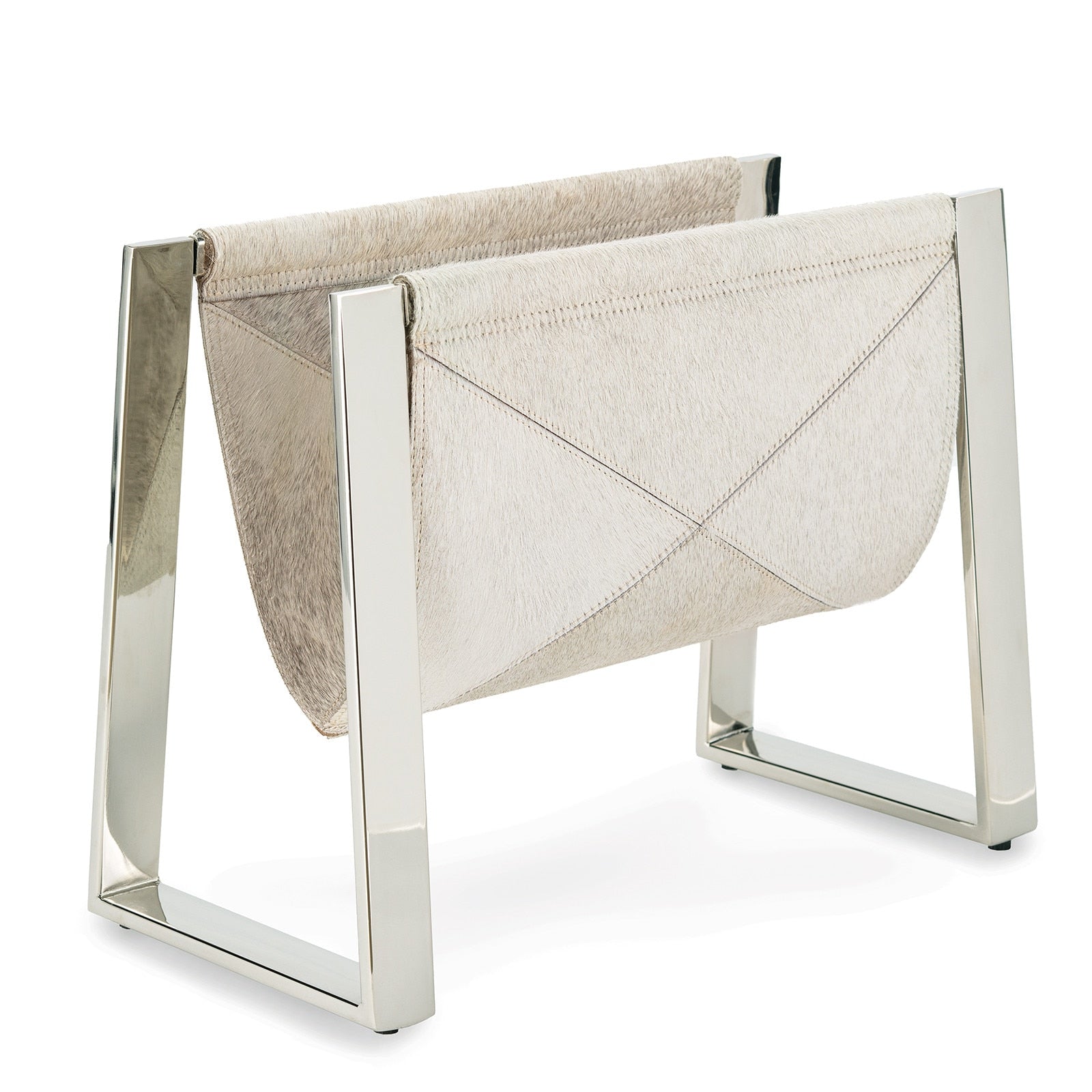 Luxury hair on hide magazine holder with polished nickel frame by Regina Andrew