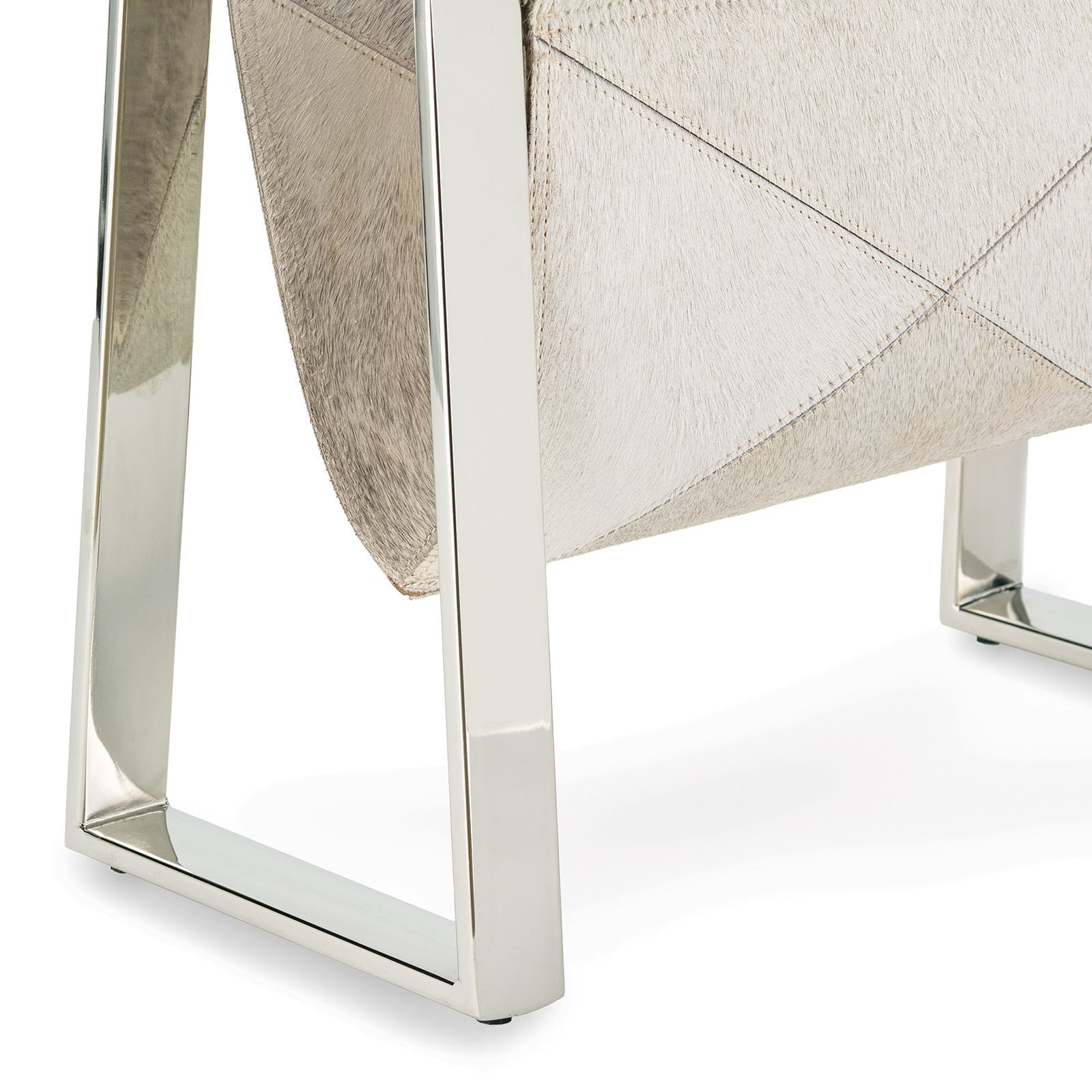 Luxury hair on hide magazine holder with polished nickel frame by Regina Andrew