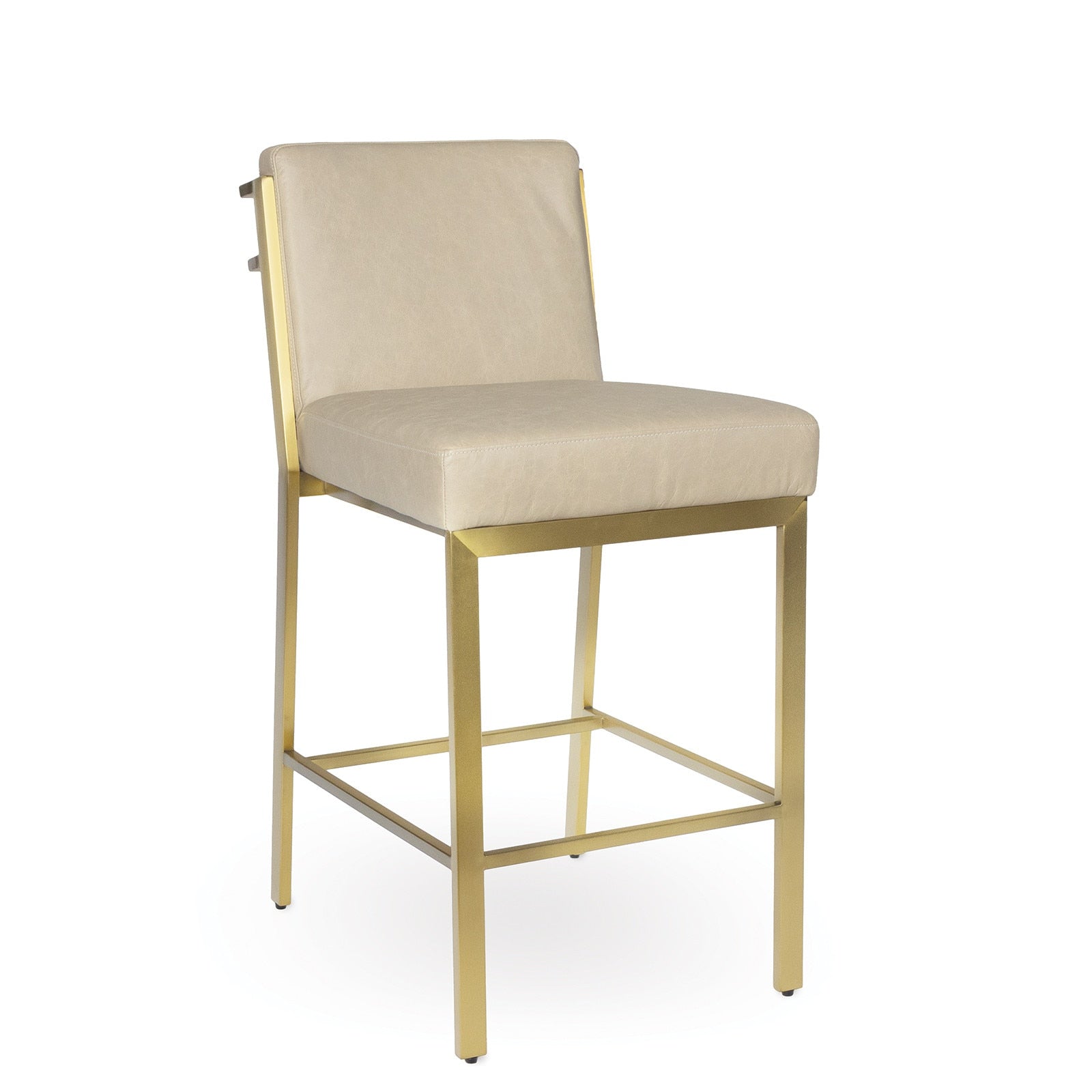 Chantal Leather Counter Stool in rich cappuccino leather with high-arched back and natural brass-plated legs
