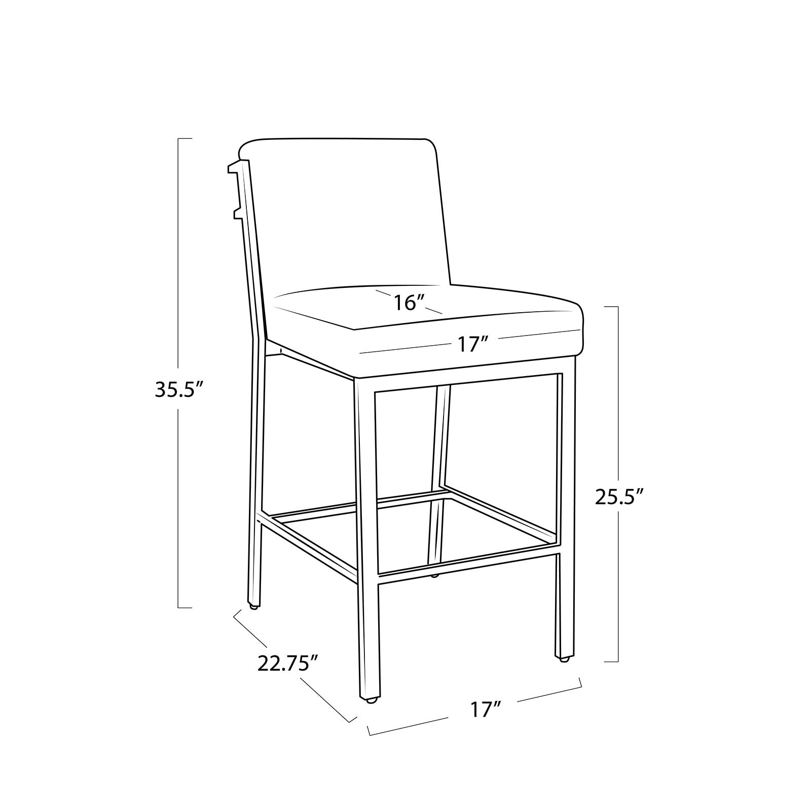 Line drawing of a bar stool with dimensions labeled
