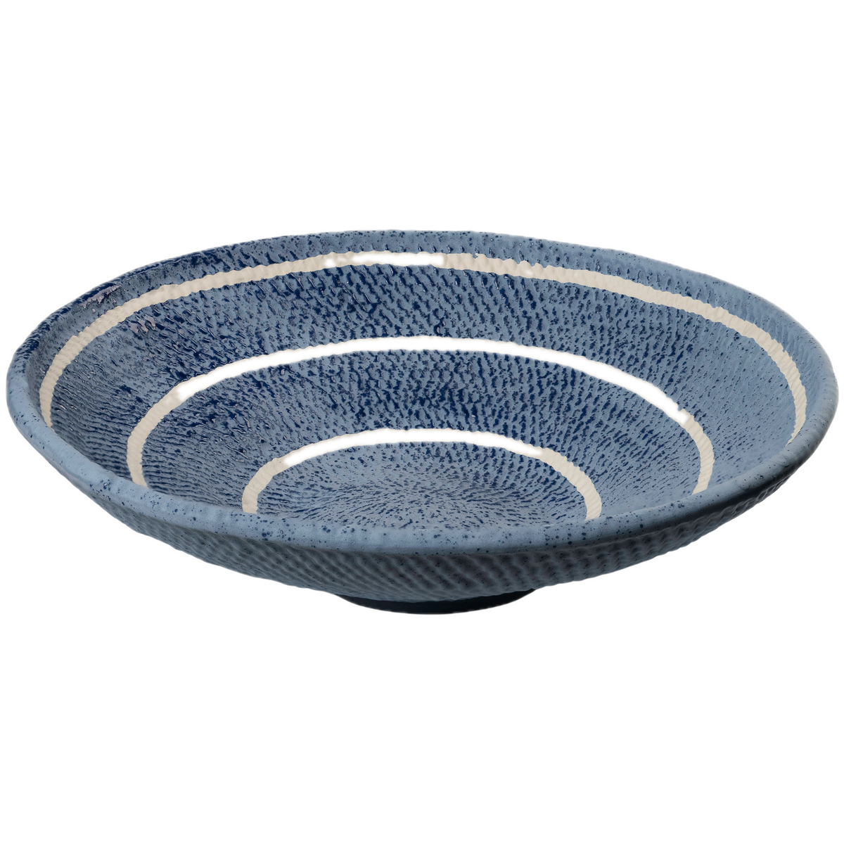 Blue ceramic bowl with textured surface and white interior on a white background
