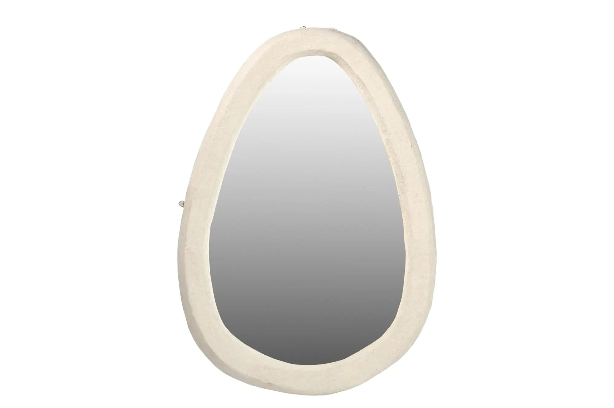 A large round wall mirror featuring a thick, textured off-white frame made from sustainable paper mache with a smooth, artisanal finish.