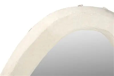 A large round wall mirror featuring a thick, textured off-white frame made from sustainable paper mache with a smooth, artisanal finish.