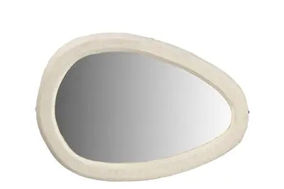 A large round wall mirror featuring a thick, textured off-white frame made from sustainable paper mache with a smooth, artisanal finish.