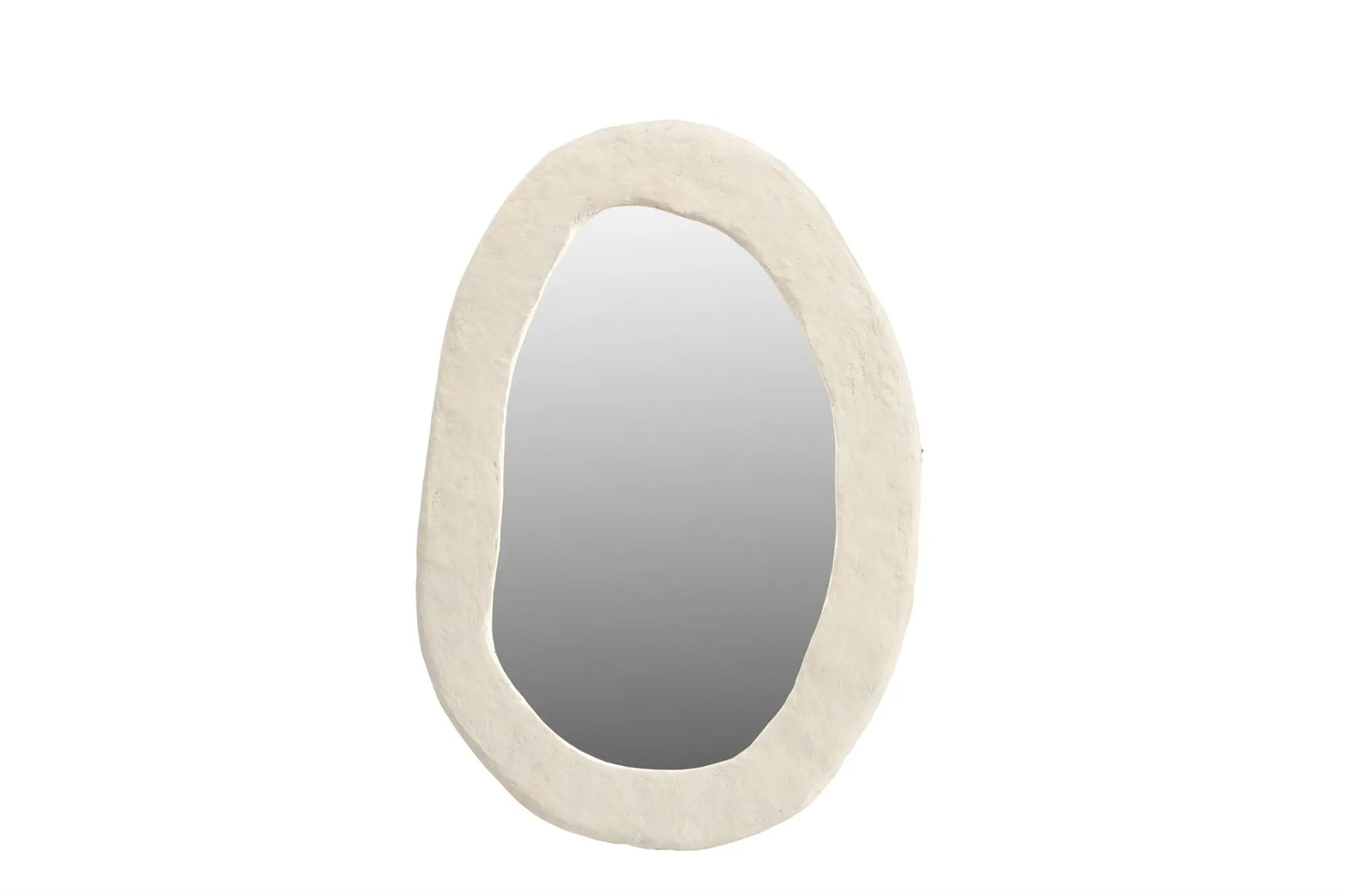 A large round wall mirror featuring a thick, textured off-white frame made from sustainable paper mache with a smooth, artisanal finish.